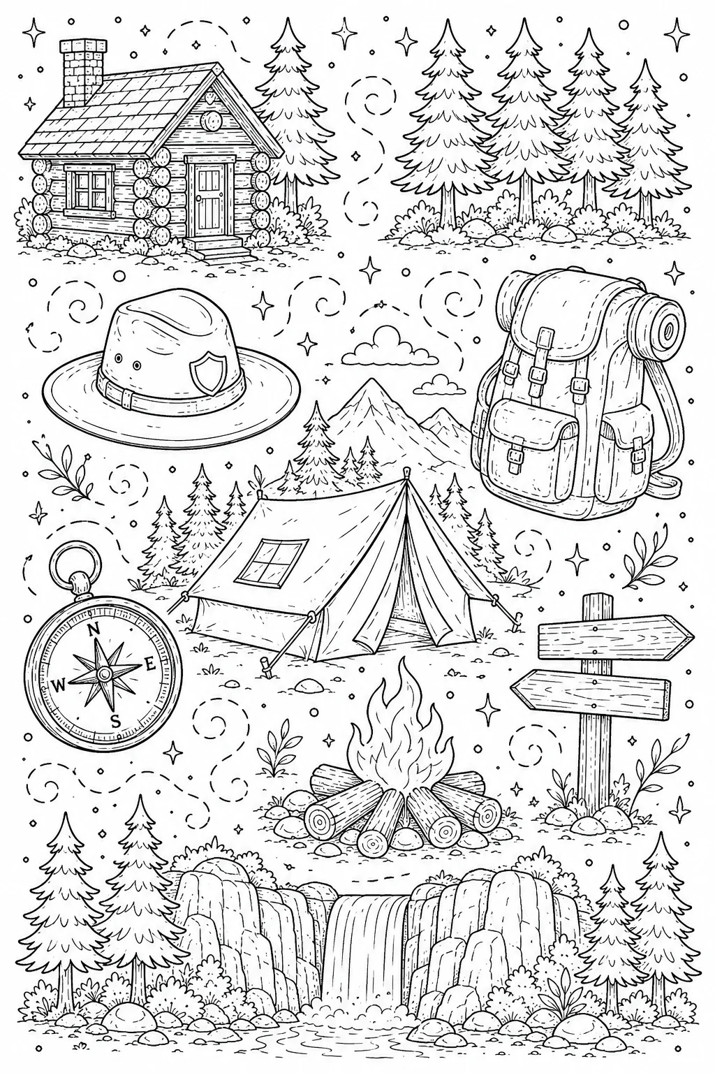 Printable National Parks woodland log cabin and cascading falls doodle coloring page sheet
