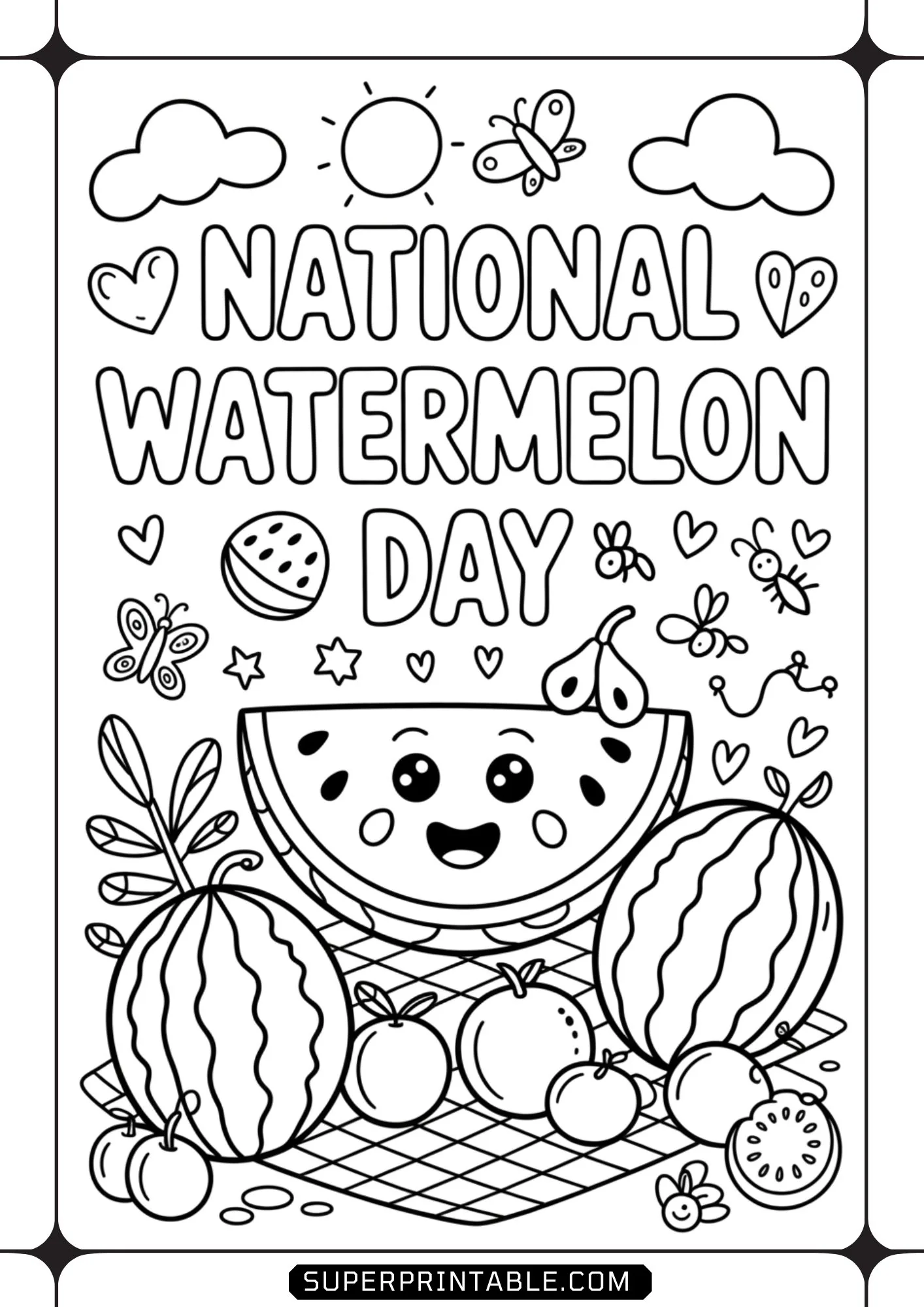 Smiling watermelon slice and whole watermelons displayed on a picnic blanket for summer holiday.