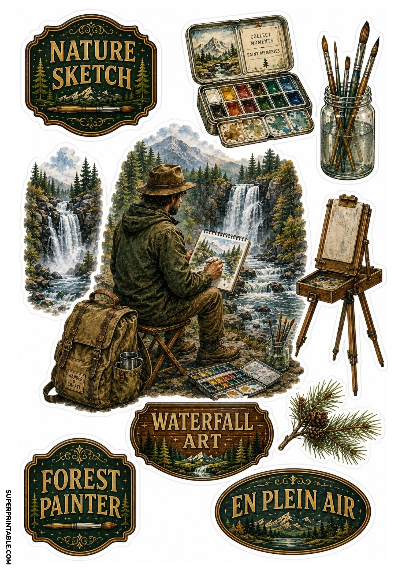 Outdoor artist sticker sheet showing a painter at a waterfall, watercolor palette, paintbrushes in a jar, field easel, and art badges.