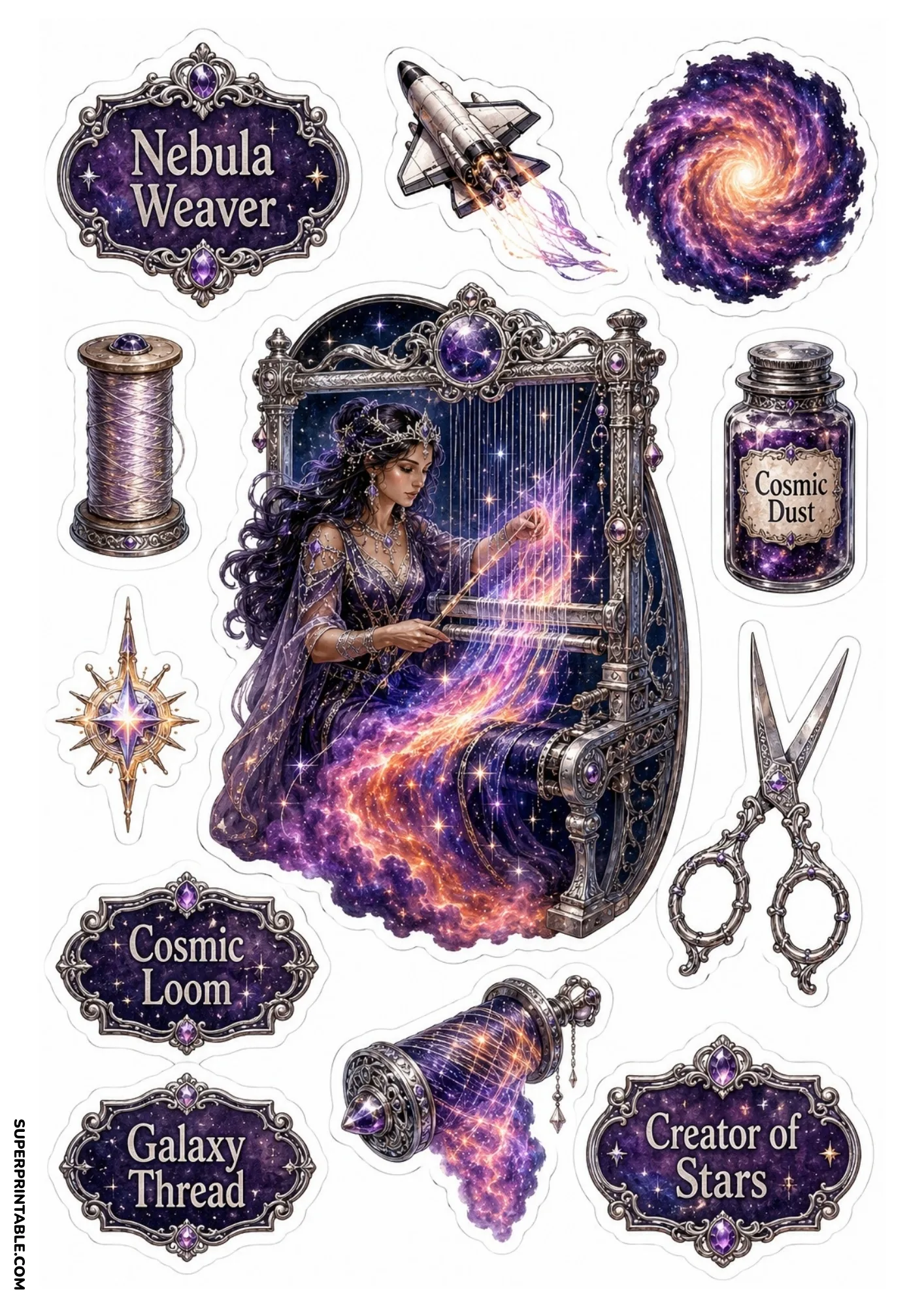 Weaver crafting glowing galaxy thread on silver loom with cosmic dust jar, rocket shuttle, and spiral galaxy.