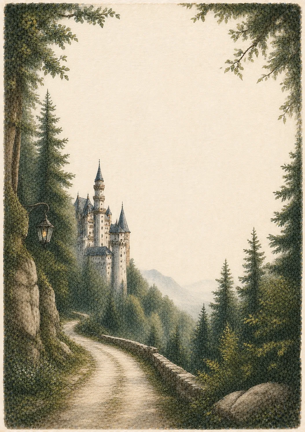 Fairytale Bavarian castle rising above pine trees beside a winding mountain path.