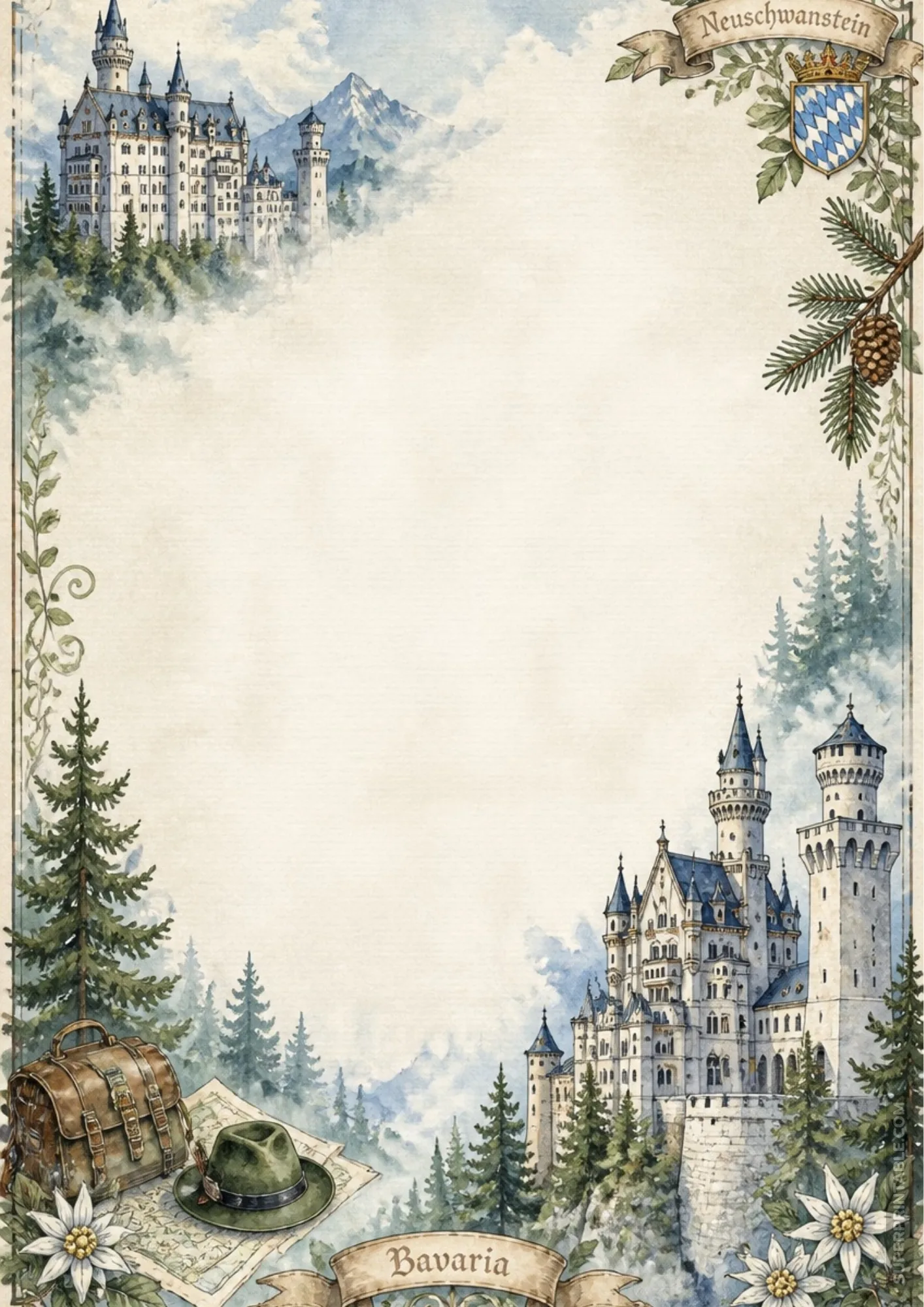 world castles stationary border pages featuring Bavarian alpine landscape and Neuschwanstein castle watercolor frame