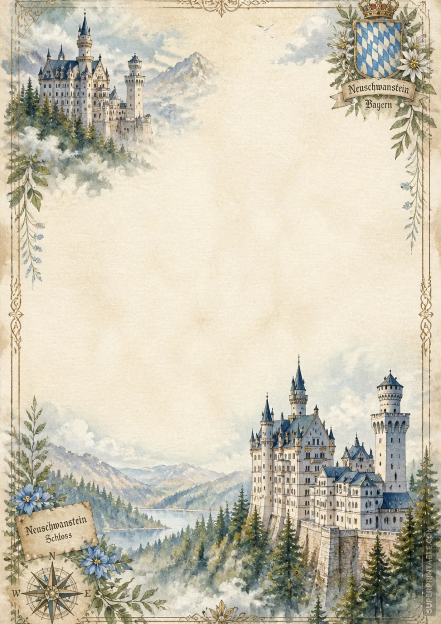 Neuschwanstein castle watercolor stationary border with Bavarian heraldic crest and compass rose detail