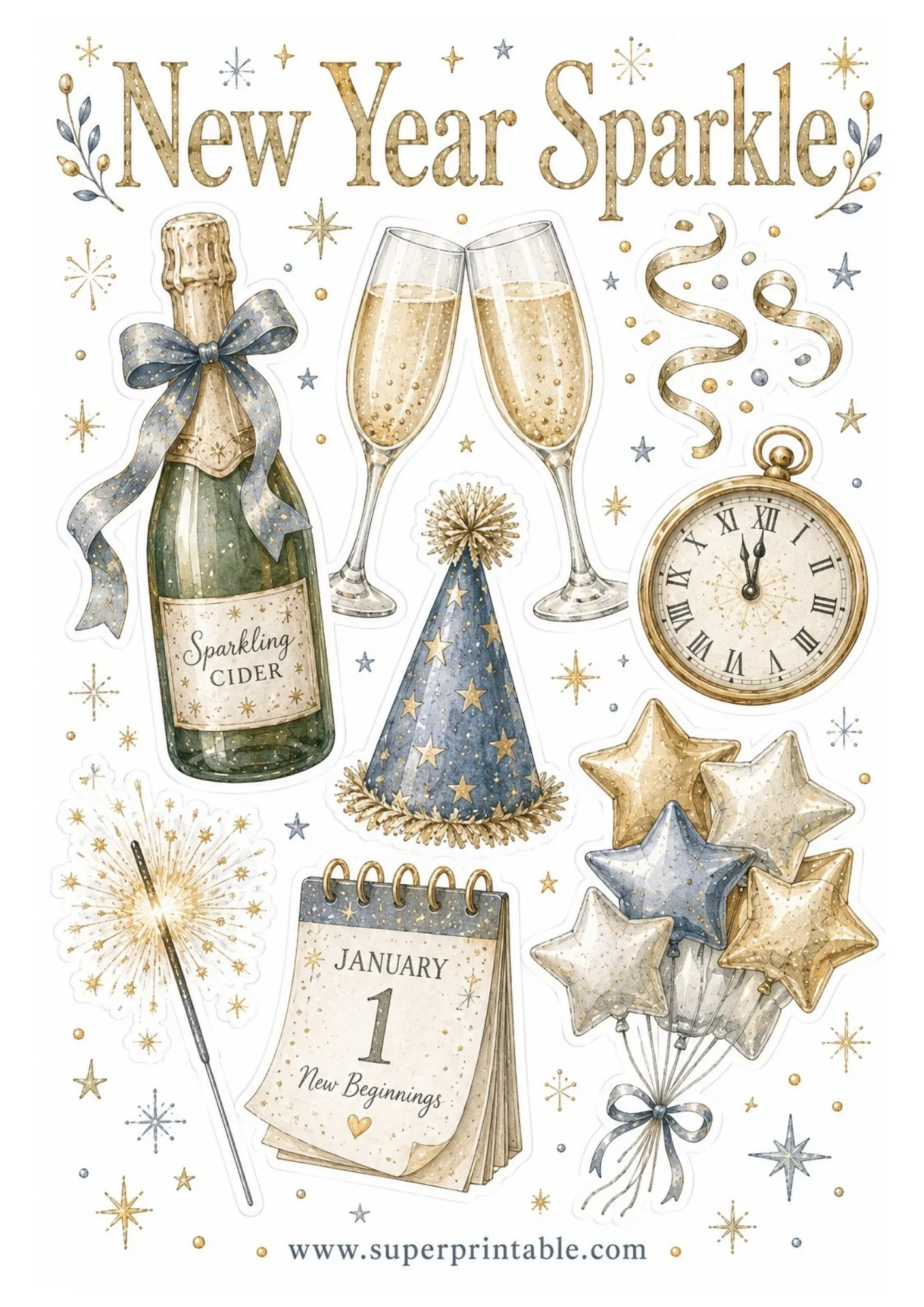 Printable New Year sticker sheet featuring watercolor sparkling cider bottle, champagne flutes, midnight clock, sparkler, party hat, January 1 calendar, and star balloons.