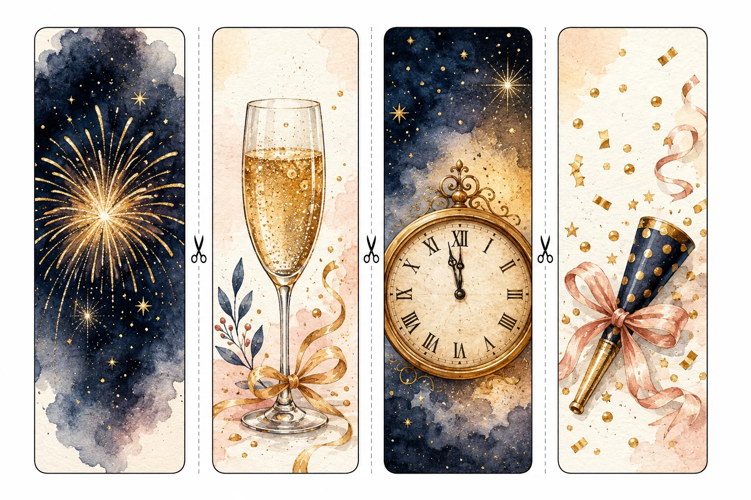 Printable New Year's Day bookmarks sheet 1, midnight fireworks