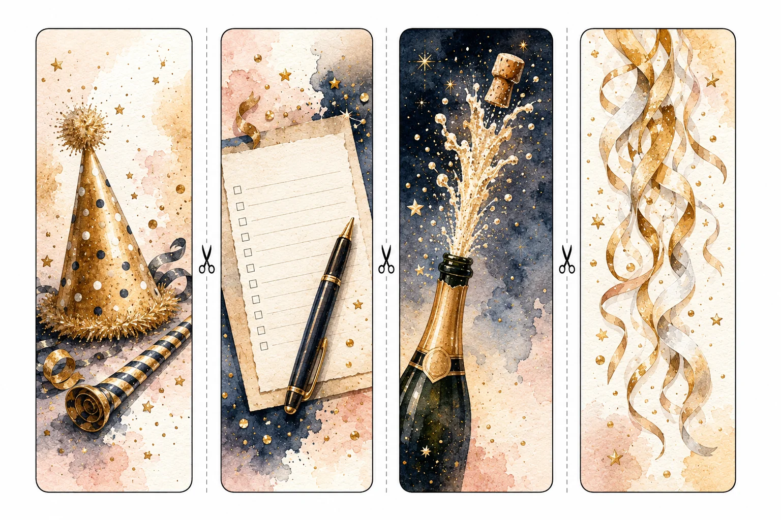 Printable New Year's Day bookmarks sheet 2, resolutions and party hats