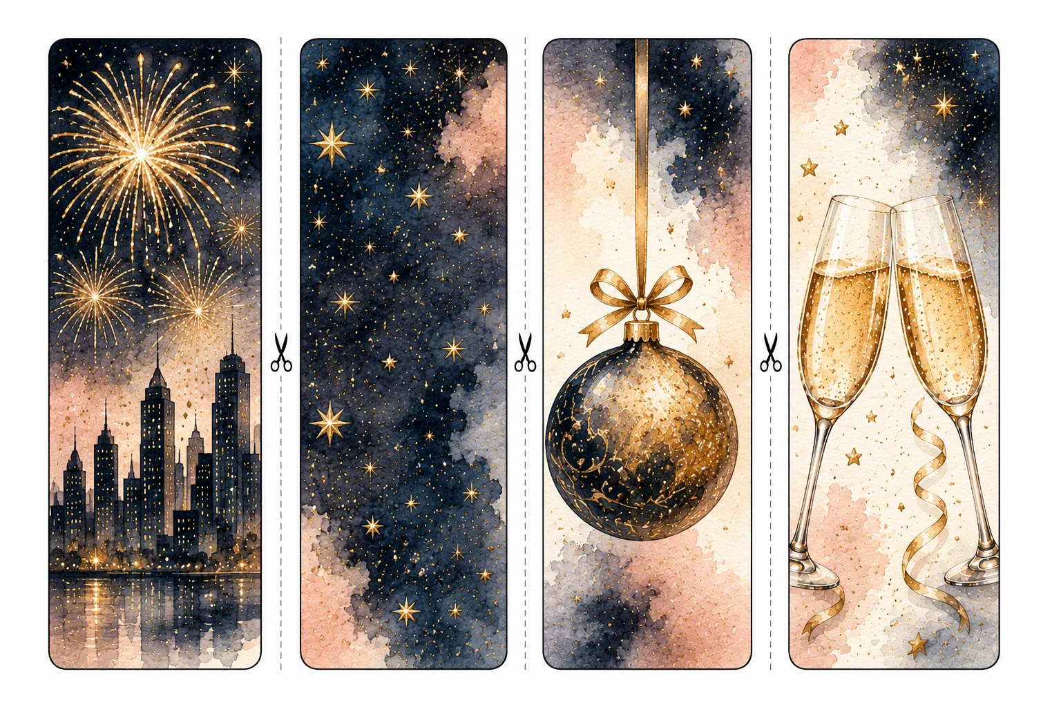 Printable New Year's Day bookmarks sheet 4, city skyline toast
