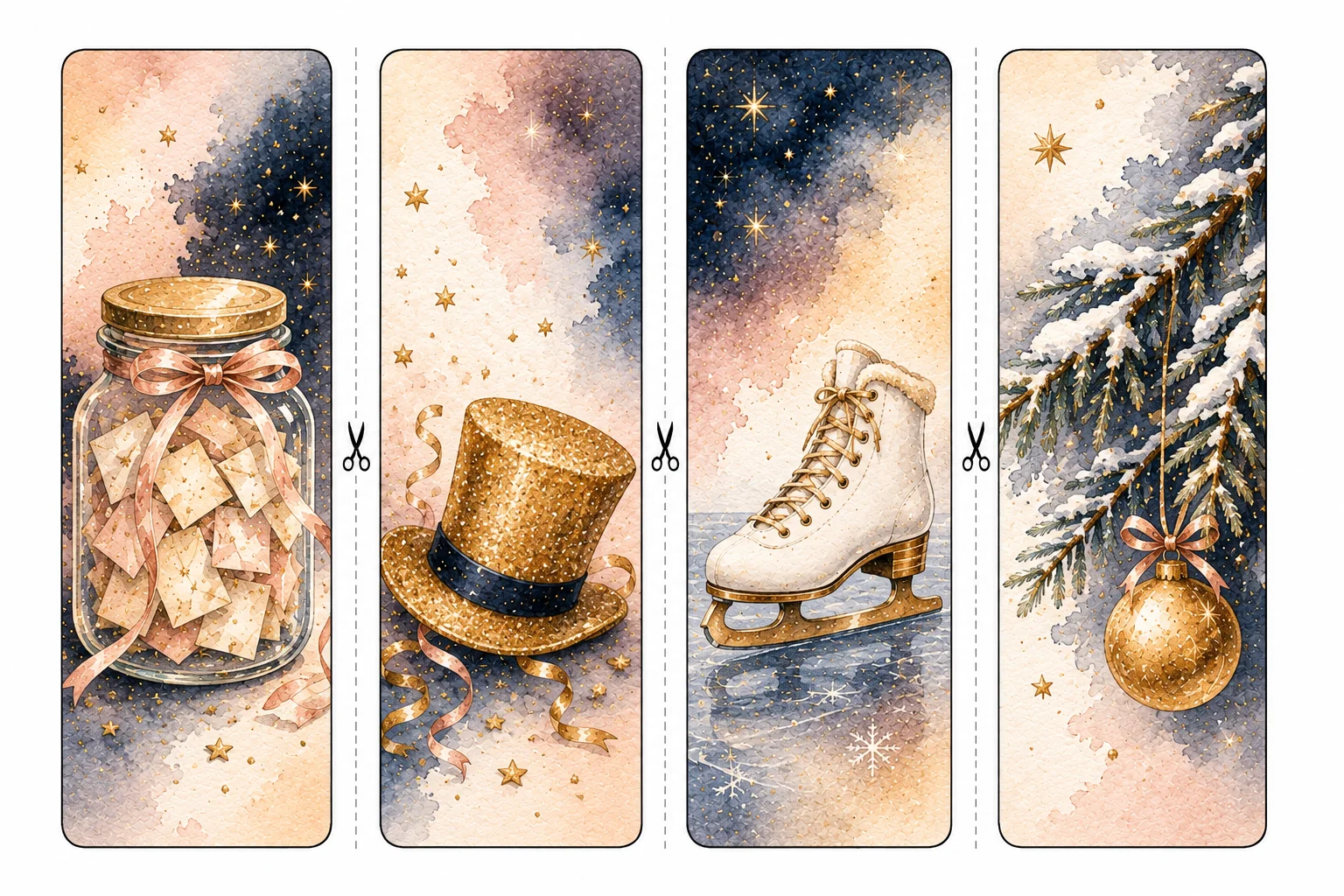 Printable New Year's Day bookmarks sheet 5, wishes and winter gold