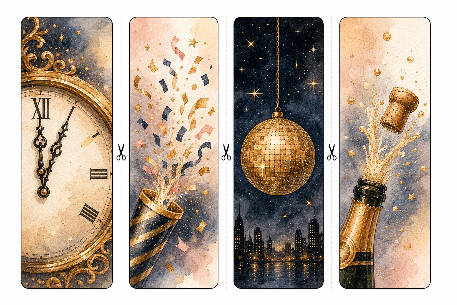 Printable New Year's Day bookmarks sheet 6, ball drop and clock hands