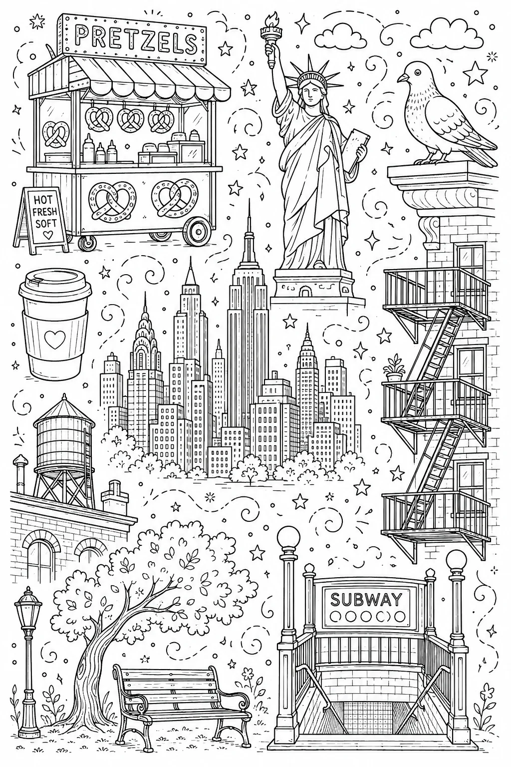 Printable New York City pretzel cart and statue of liberty doodle coloring page sheet
