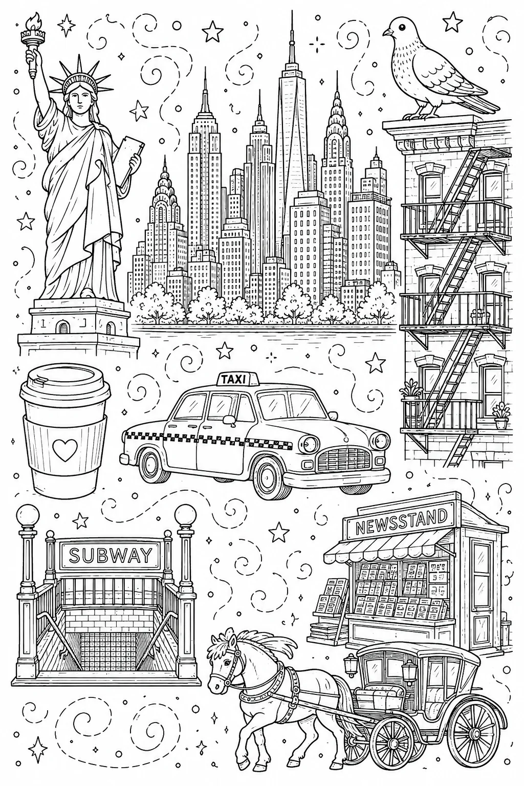 Printable New York City nyc yellow taxi and skyline doodle coloring page sheet