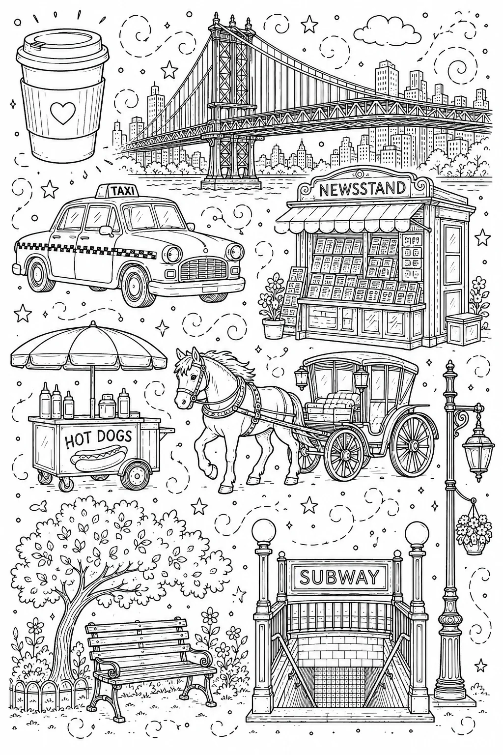 Printable New York City broadway brownstones and hot dog stand doodle coloring page sheet