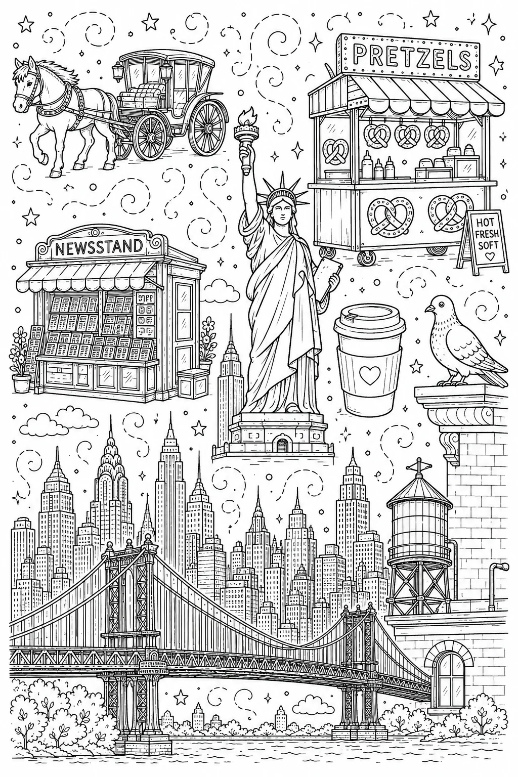 Printable New York City central park carriage and pretzel vendor doodle coloring page sheet