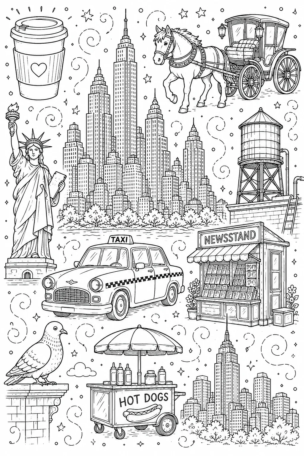 Printable New York City manhattan skyline and newsstand doodle coloring page sheet
