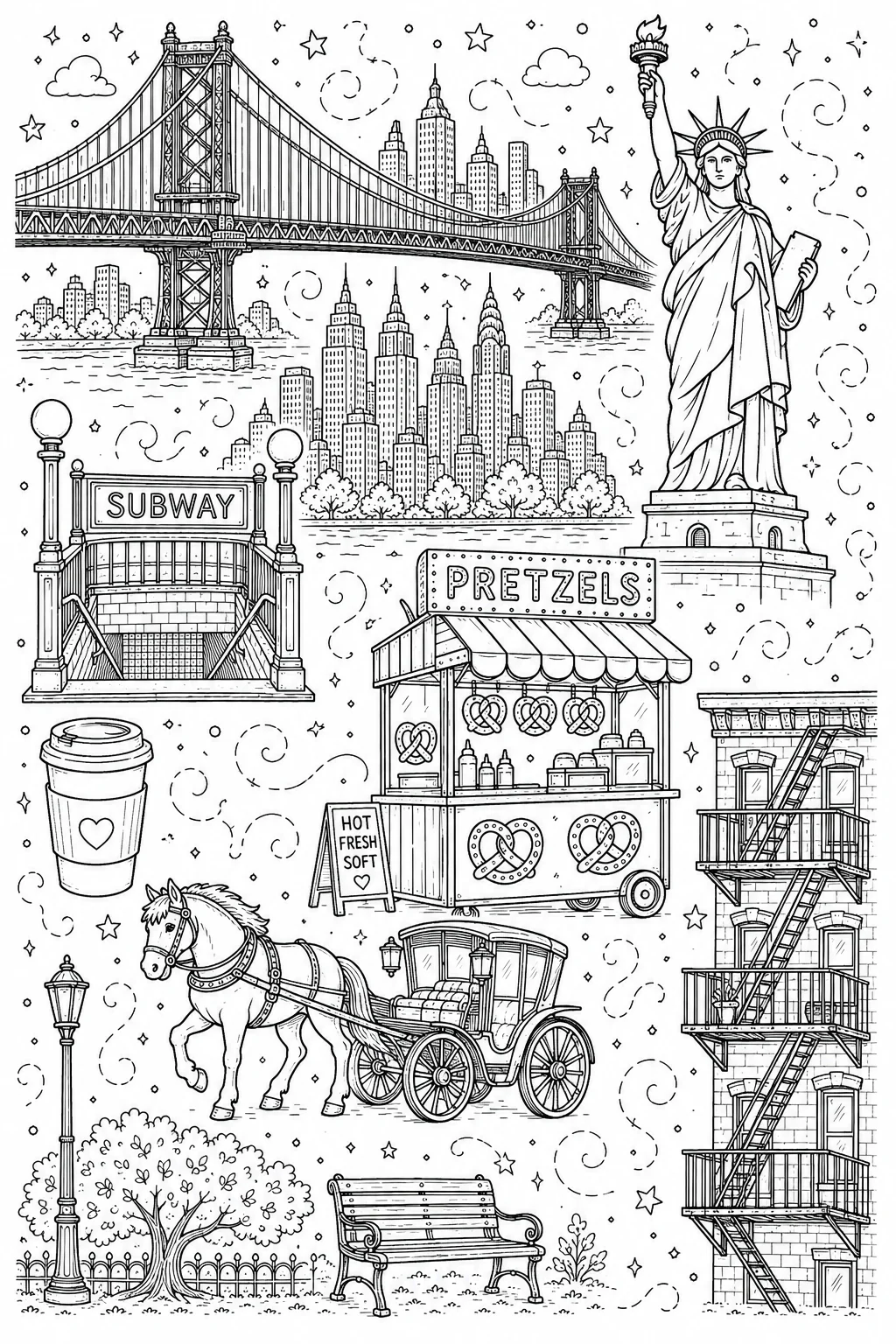 Printable New York City brooklyn bridge and rooftop water tower doodle coloring page sheet