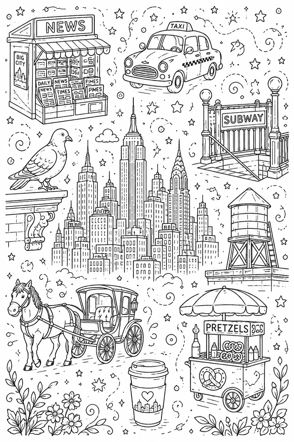 Printable New York City nyc subway station and street corner doodle coloring page sheet