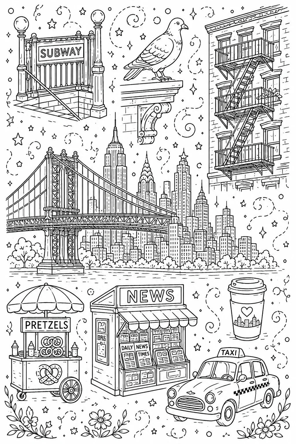 Printable New York City historic brownstone street and coffee cup doodle coloring page sheet