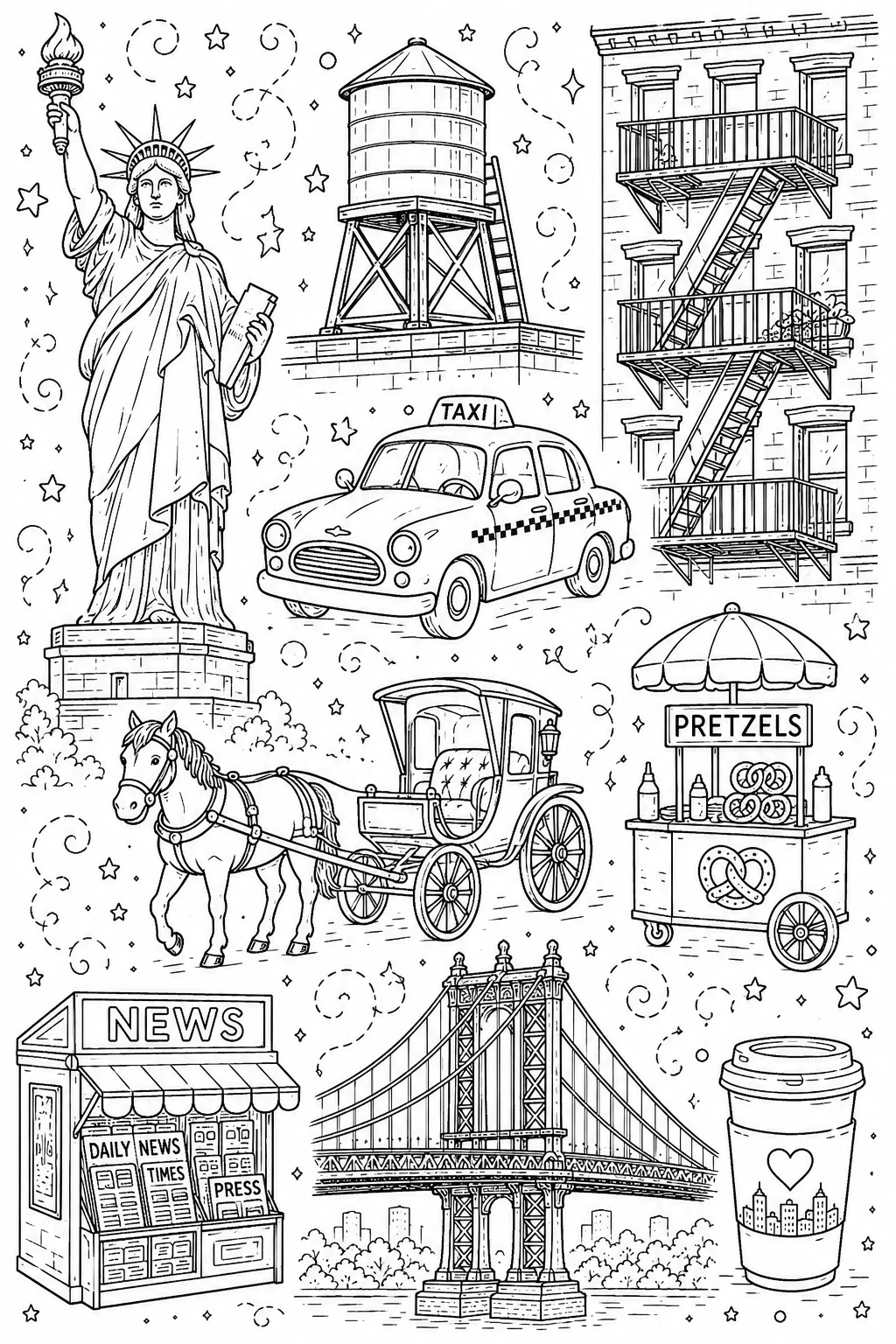 Printable New York City statue of liberty and classic yellow cab doodle coloring page sheet