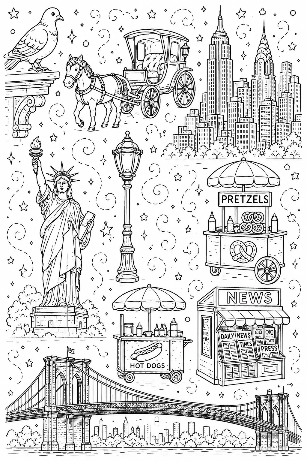 Printable New York City central park horse carriage and pretzel cart doodle coloring page sheet