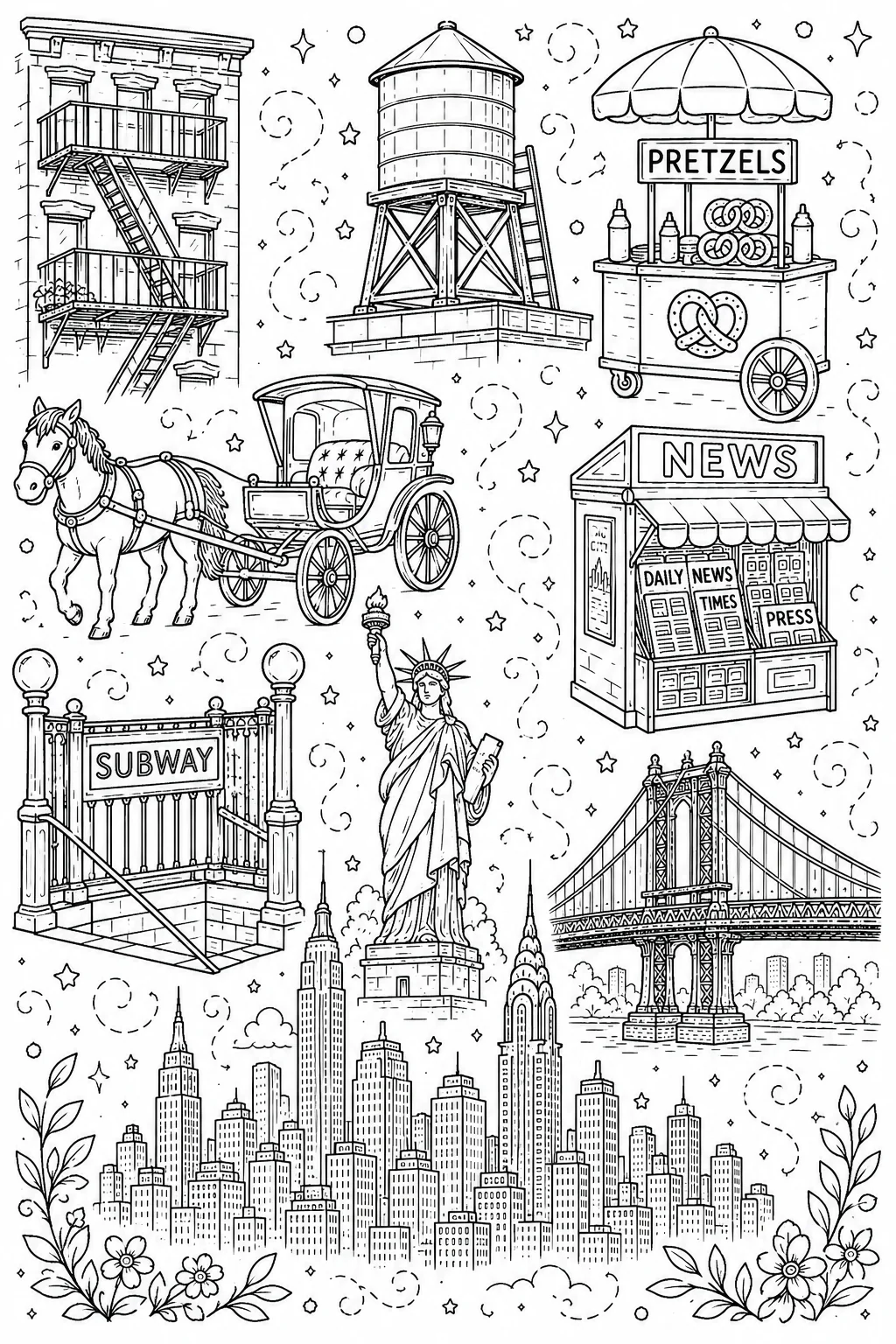 Printable New York City classic newsstand and rooftop water tower doodle coloring page sheet