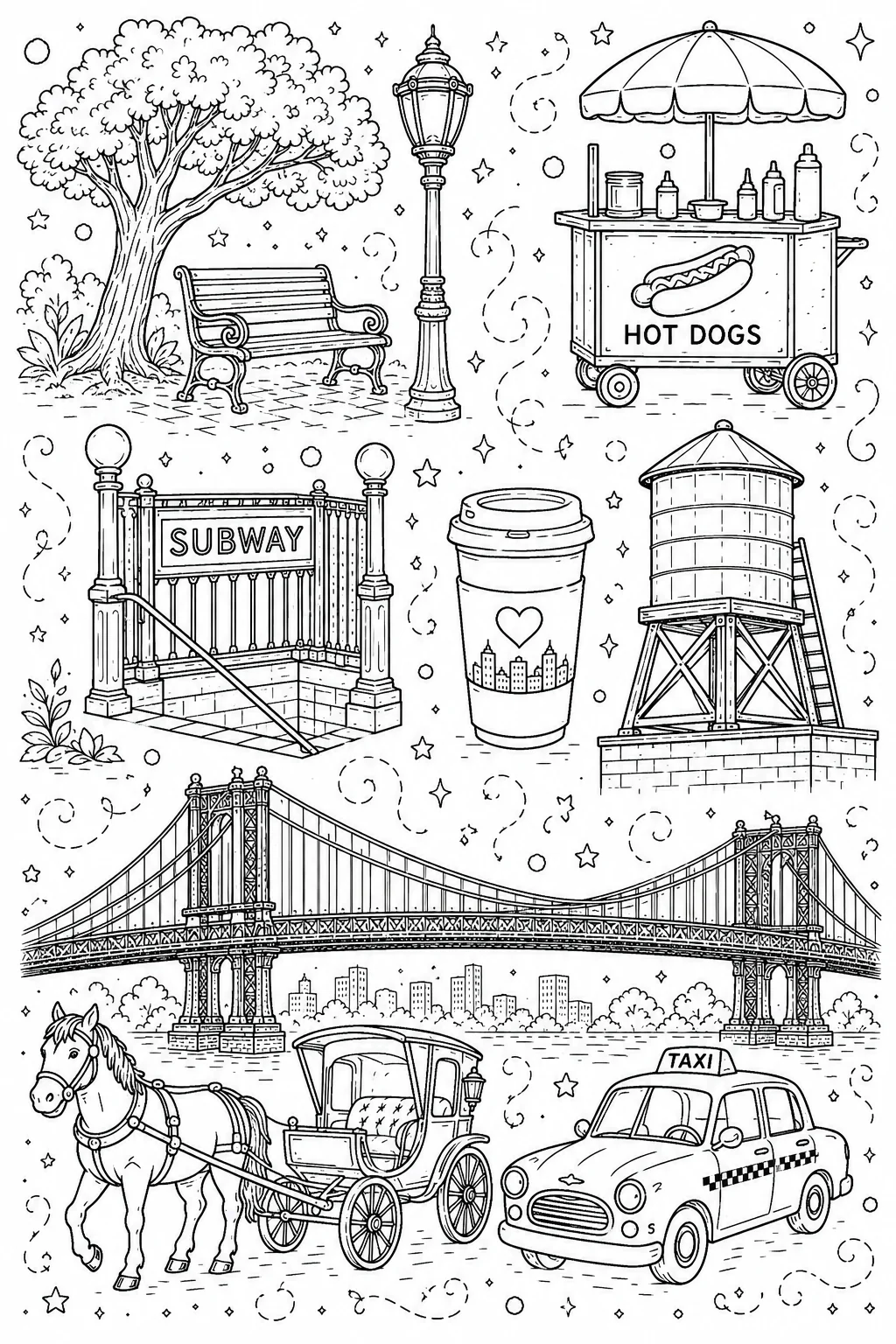 Printable New York City brooklyn bridge and central park lamp post doodle coloring page sheet