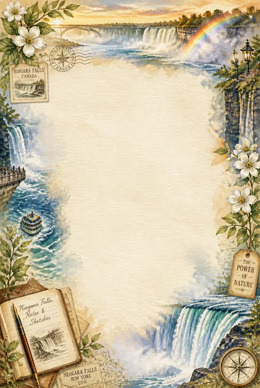 Vintage watercolor stationery border with Niagara Falls sketchbook and compass.