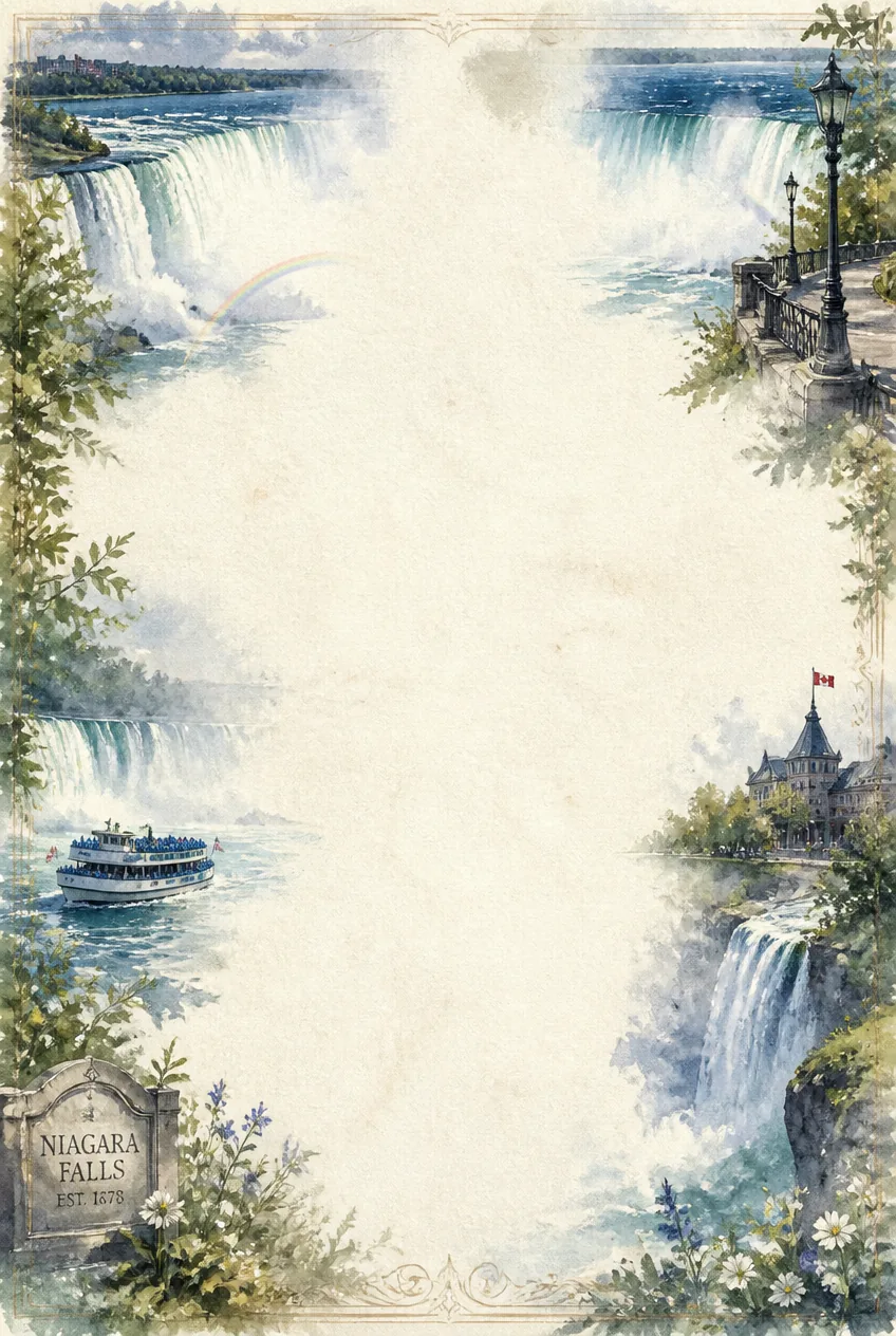 Watercolor stationery border showing Niagara Falls and Maid of the Mist tour boat.