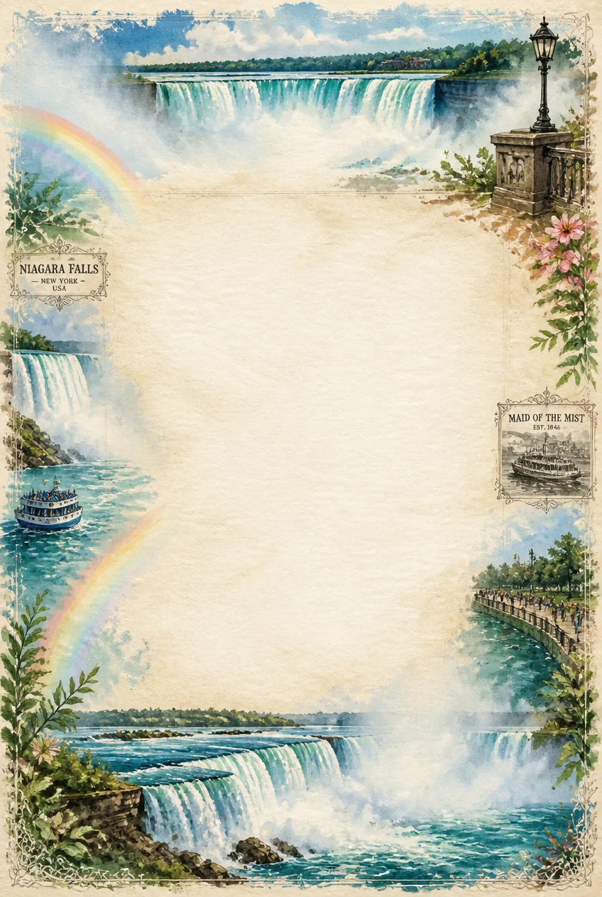 Watercolor stationery page featuring Niagara Falls with a rainbow and vintage frame.