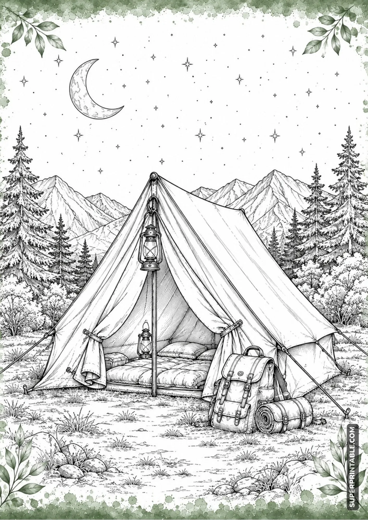 Night camping scene with tent, stars, mountains, pine trees, and moon