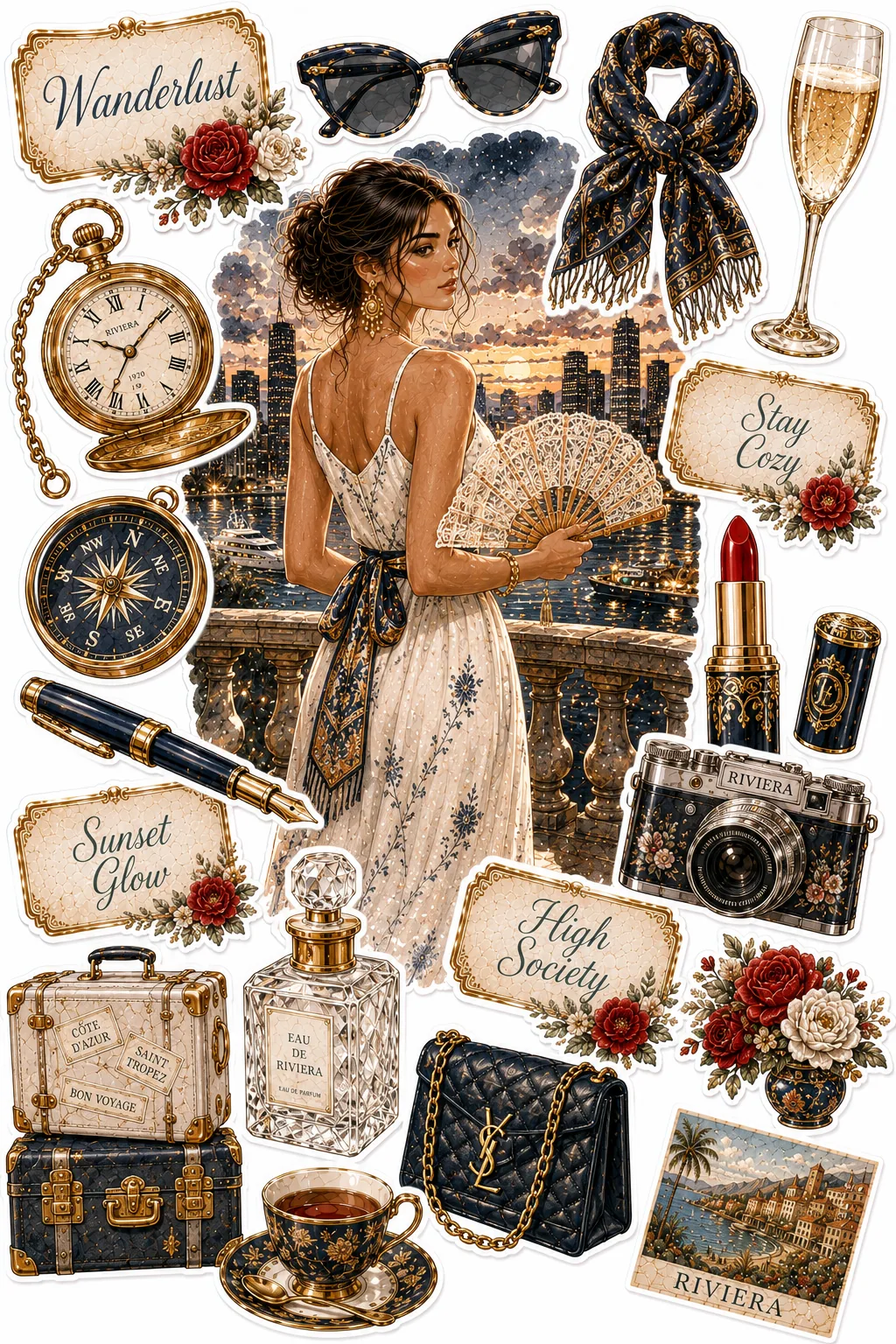 Woman on a balcony overlooking a city skyline at night next to stacked luggage and rose stickers.