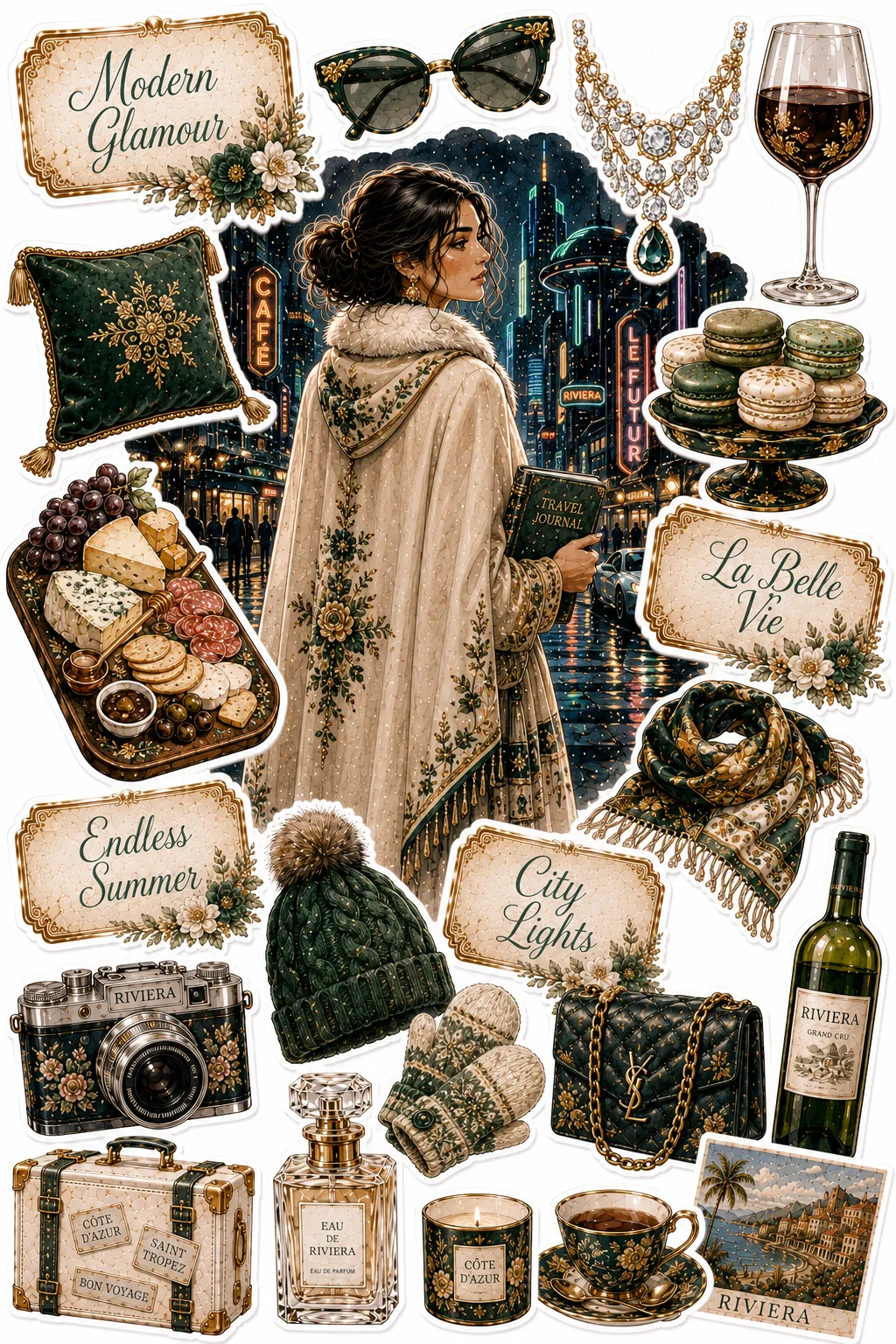 Woman in a hooded cape on a city street at night framed by wine bottle and macaron sticker cutouts.
