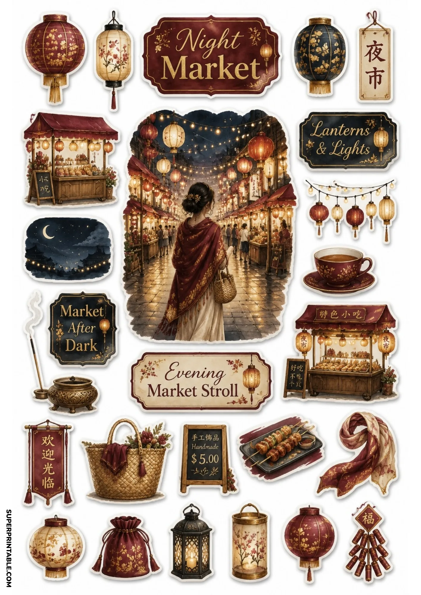 Night market stickers showing a woman strolling through an alley illuminated by red lanterns.