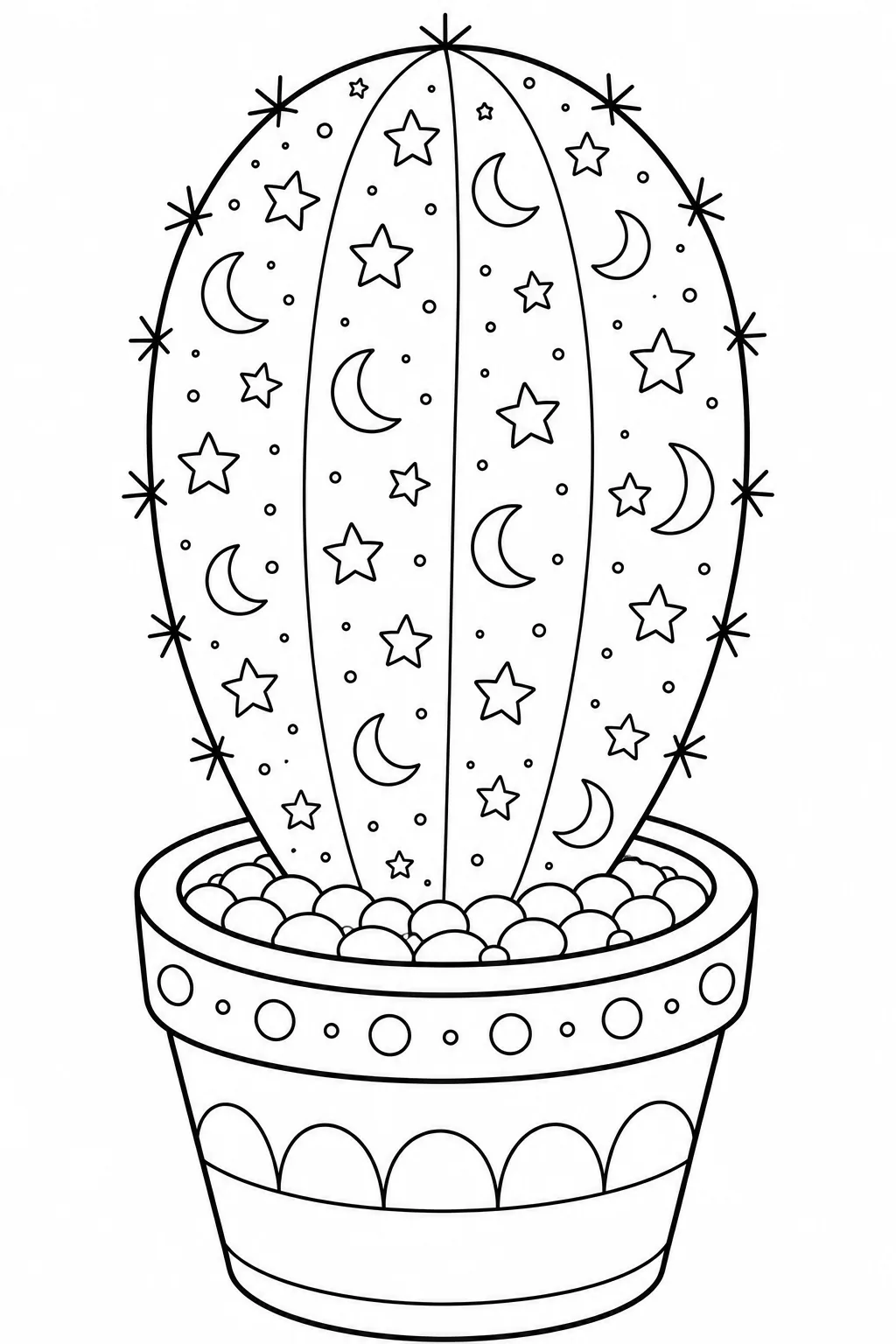 Night sky pattern with scattered stars and moons on a cactus.