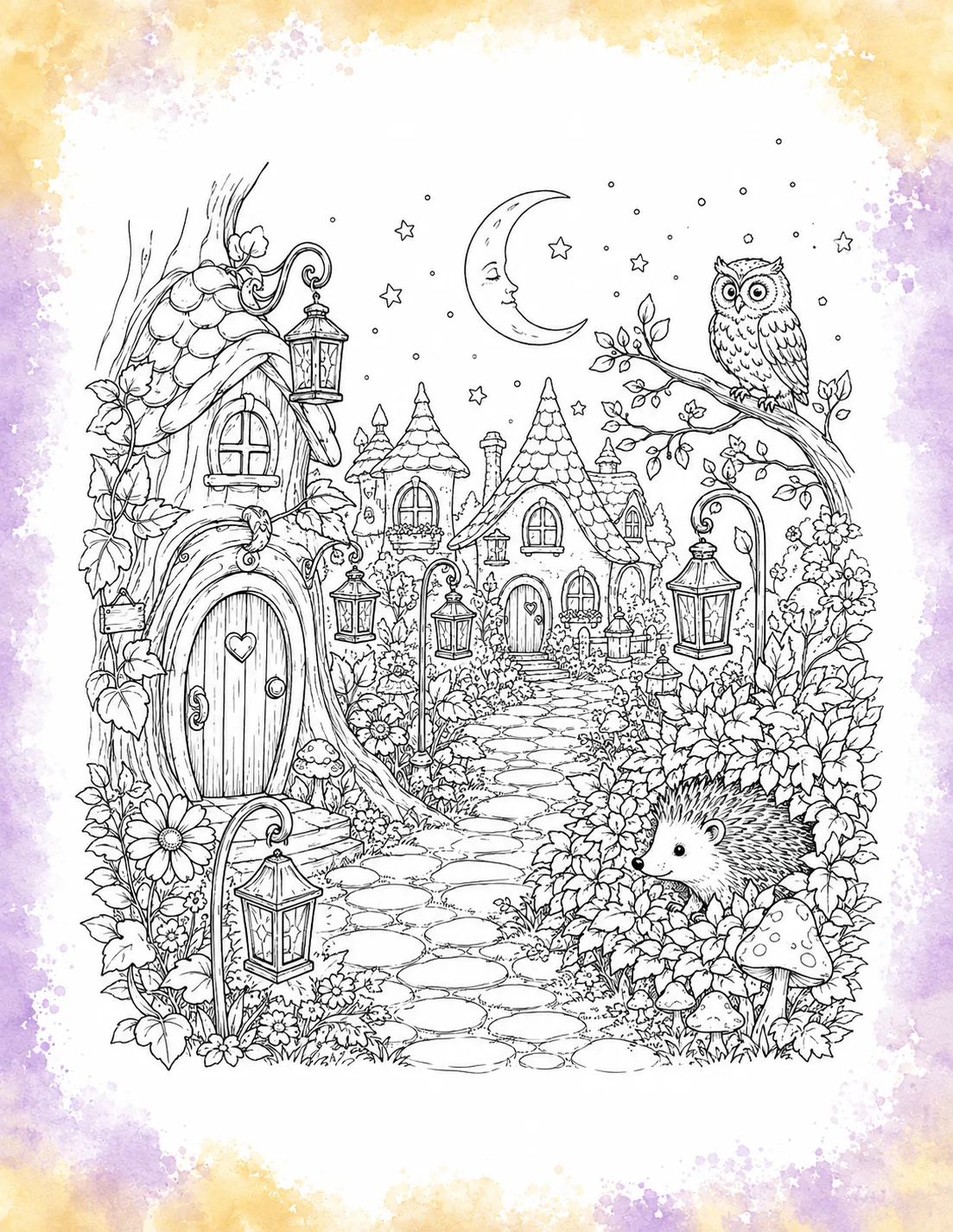 Magical nighttime coloring page showing a fairy village under a crescent moon, an owl perched on a branch, street lanterns, and a hedgehog peeking out of bushes inside a purple border.