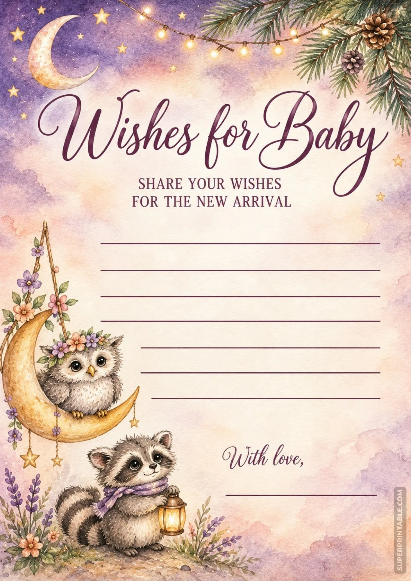 Watercolor night sky card template for baby shower wishes printables with an owl and raccoon holding a lantern.