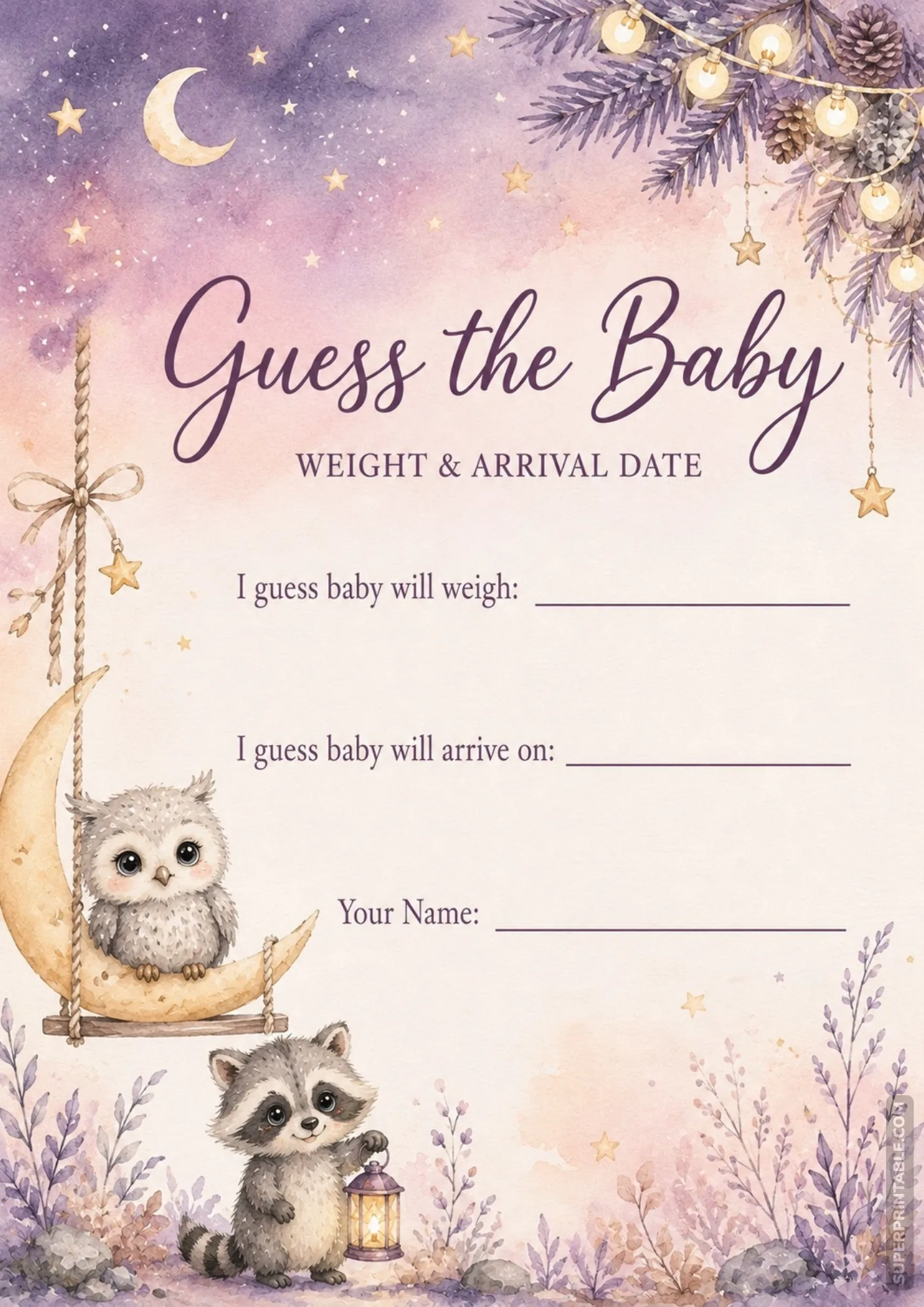 Printable guess the baby printables game card with owl on a moon swing and a raccoon holding a lantern.