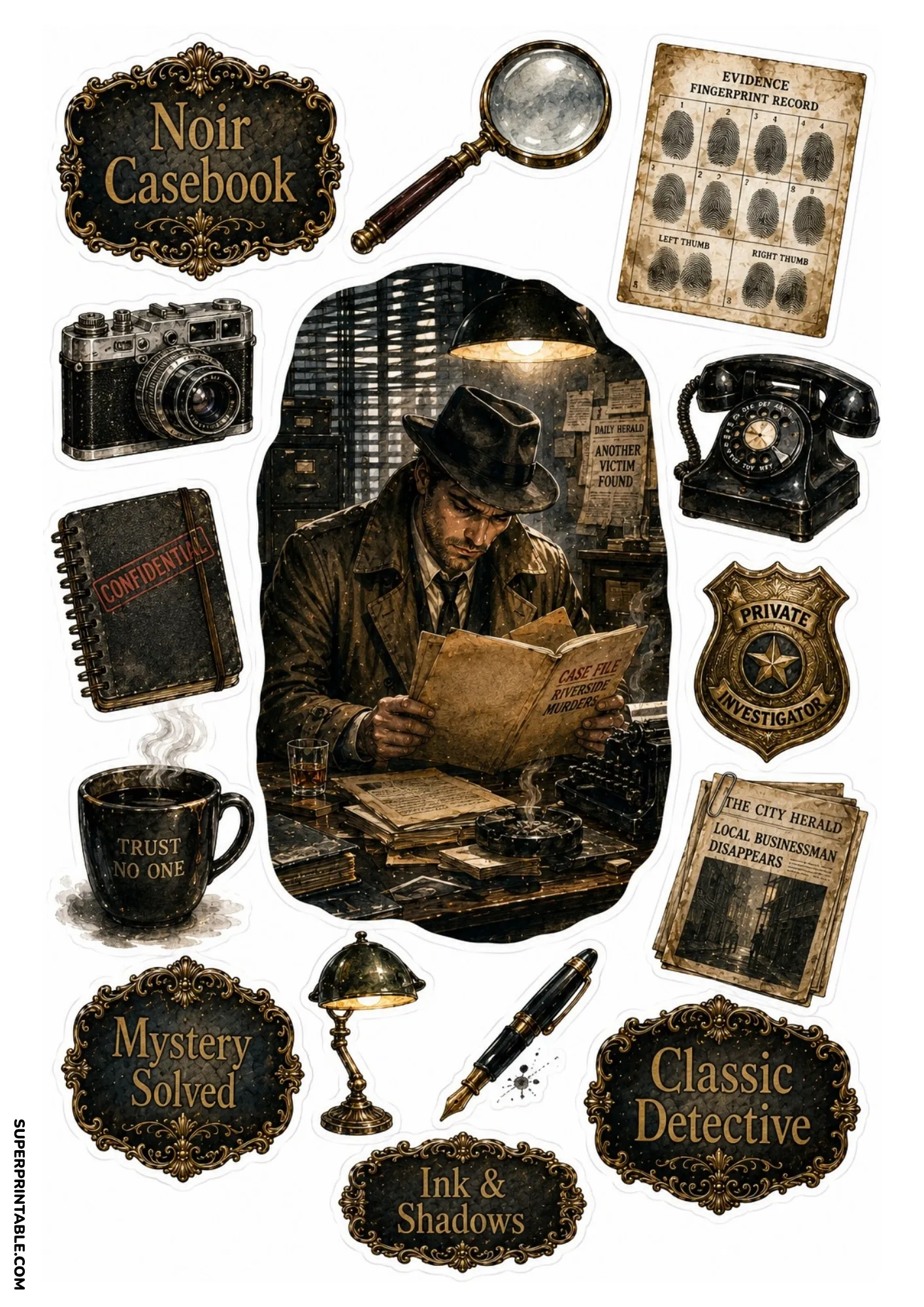 Vintage noir detective reading case files under a desk lamp with camera, fingerprints, and rotary phone.