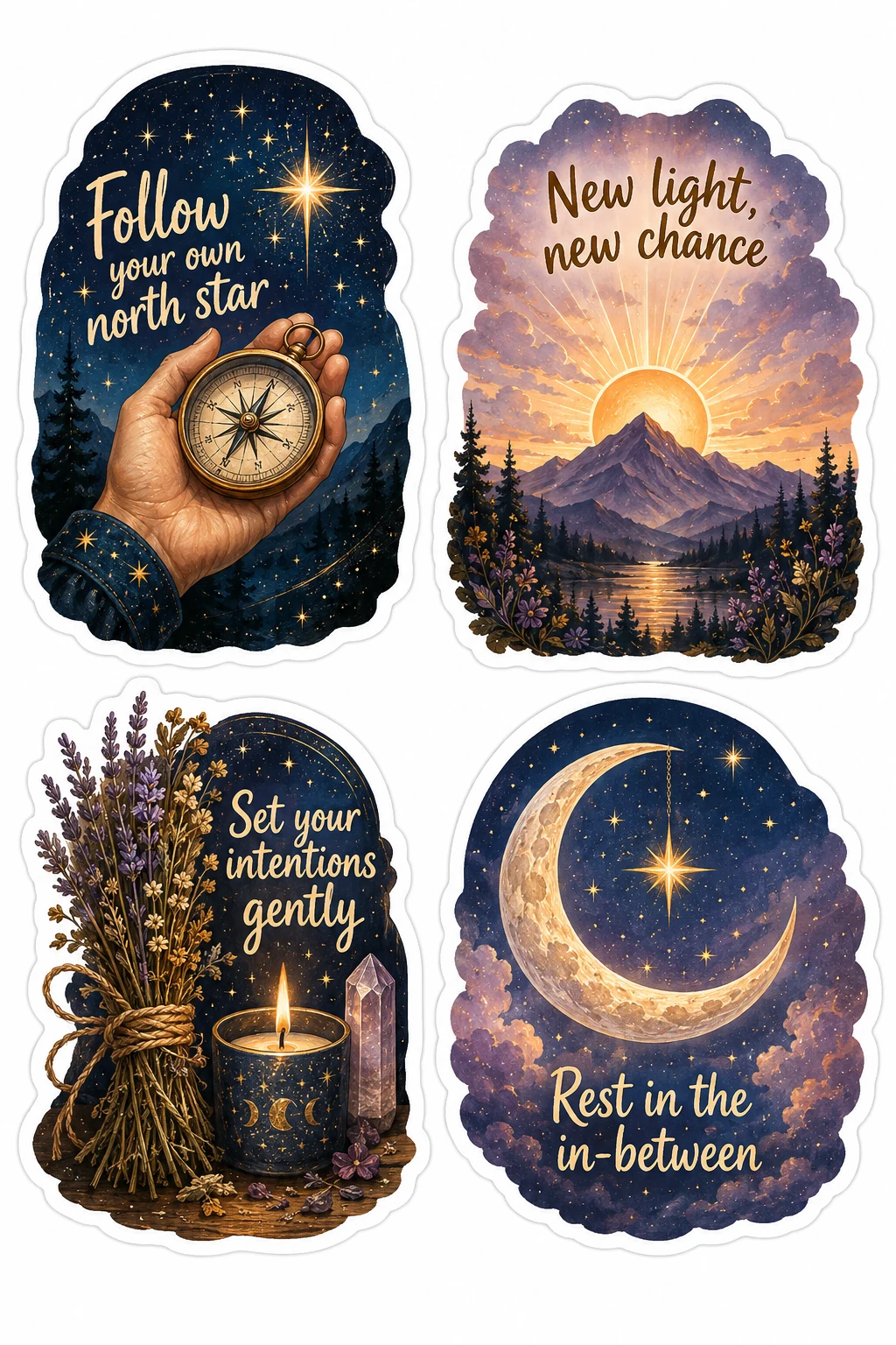 North Star New Light Set Intentions Sheet featuring celestial aesthetic, cosmic magic, moon phases, tarot cards, and astrology.
