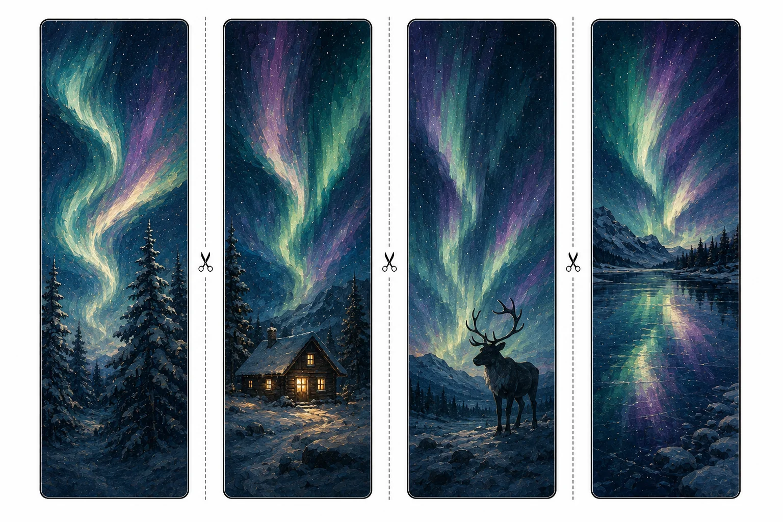Four printable aurora bookmarks with snowy pines, a glowing cabin, a reindeer, and a frozen lake reflecting the northern lights