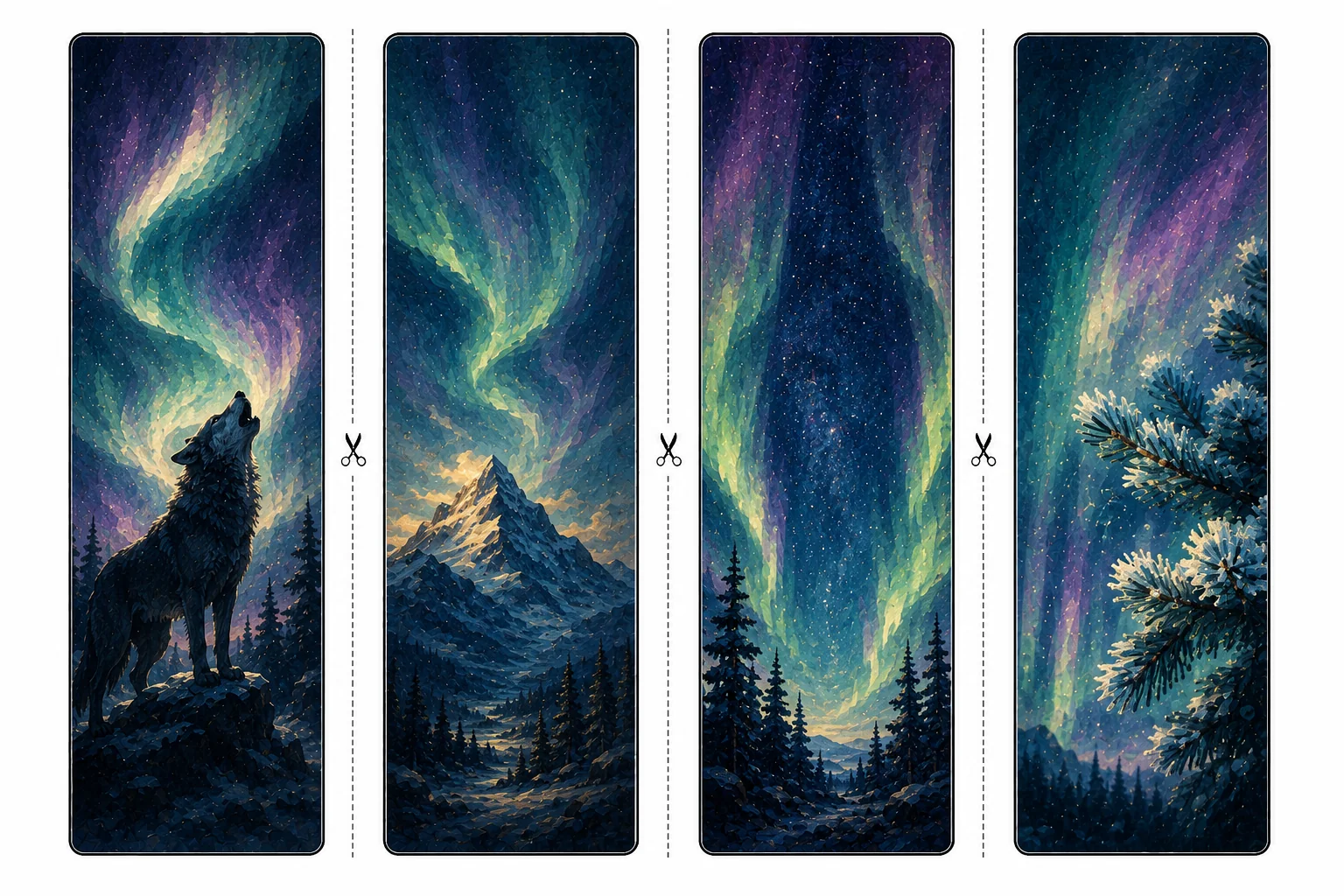 Four printable aurora bookmarks with a howling wolf, a snow peak, a starry aurora curtain, and a frosted pine branch