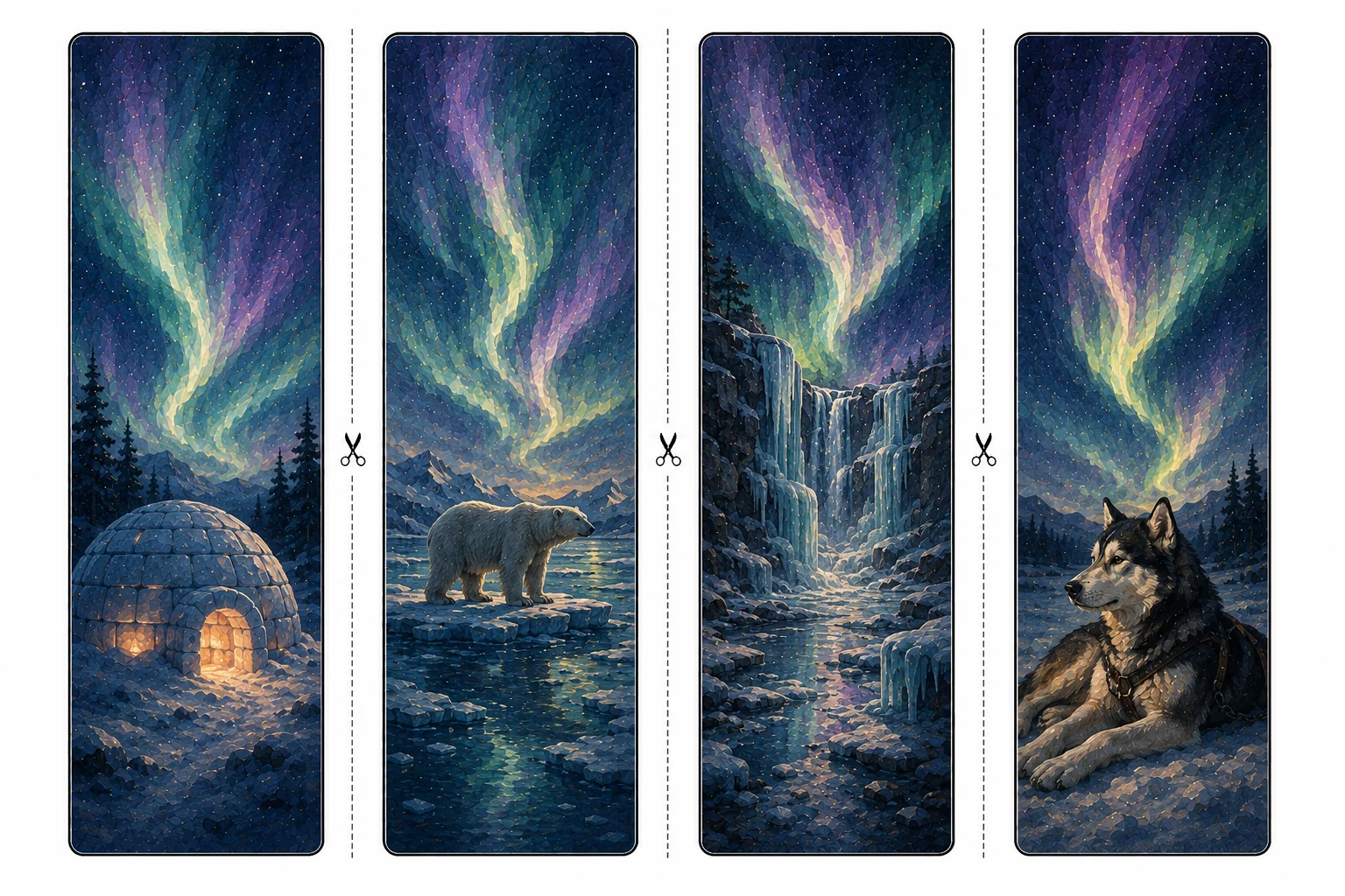 Four printable aurora bookmarks with a glowing igloo, a polar bear on ice, a frozen waterfall, and a resting sled dog