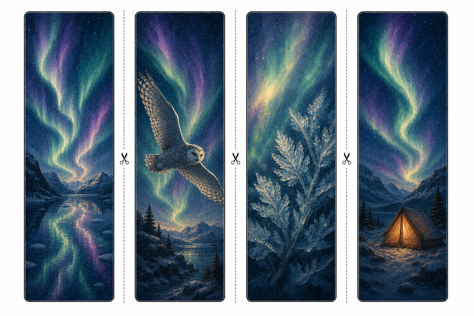 Four printable aurora bookmarks with lake reflections, a snowy owl in flight, frost crystals, and a glowing camp tent