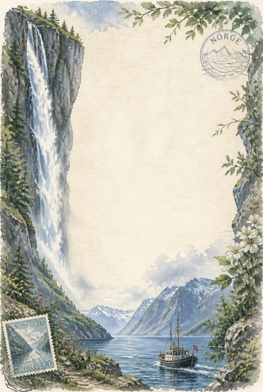 Norwegian fjord watercolor border page showing a cliff waterfall and Norwegian flag.