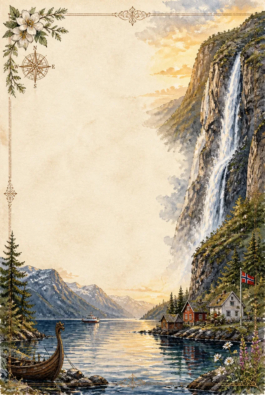 Watercolor frame of a Norwegian fjord waterfall with a passenger ferry boat.