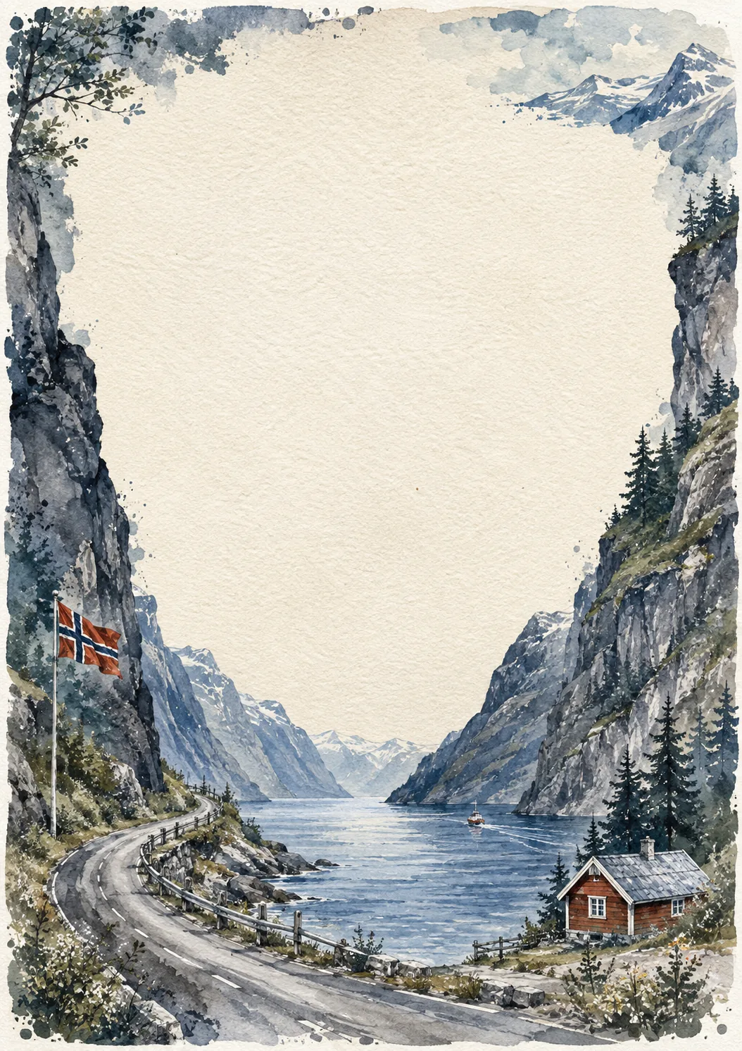 Watercolor stationery border showing a scenic coastal road alongside Norwegian fjords with a flying flag.