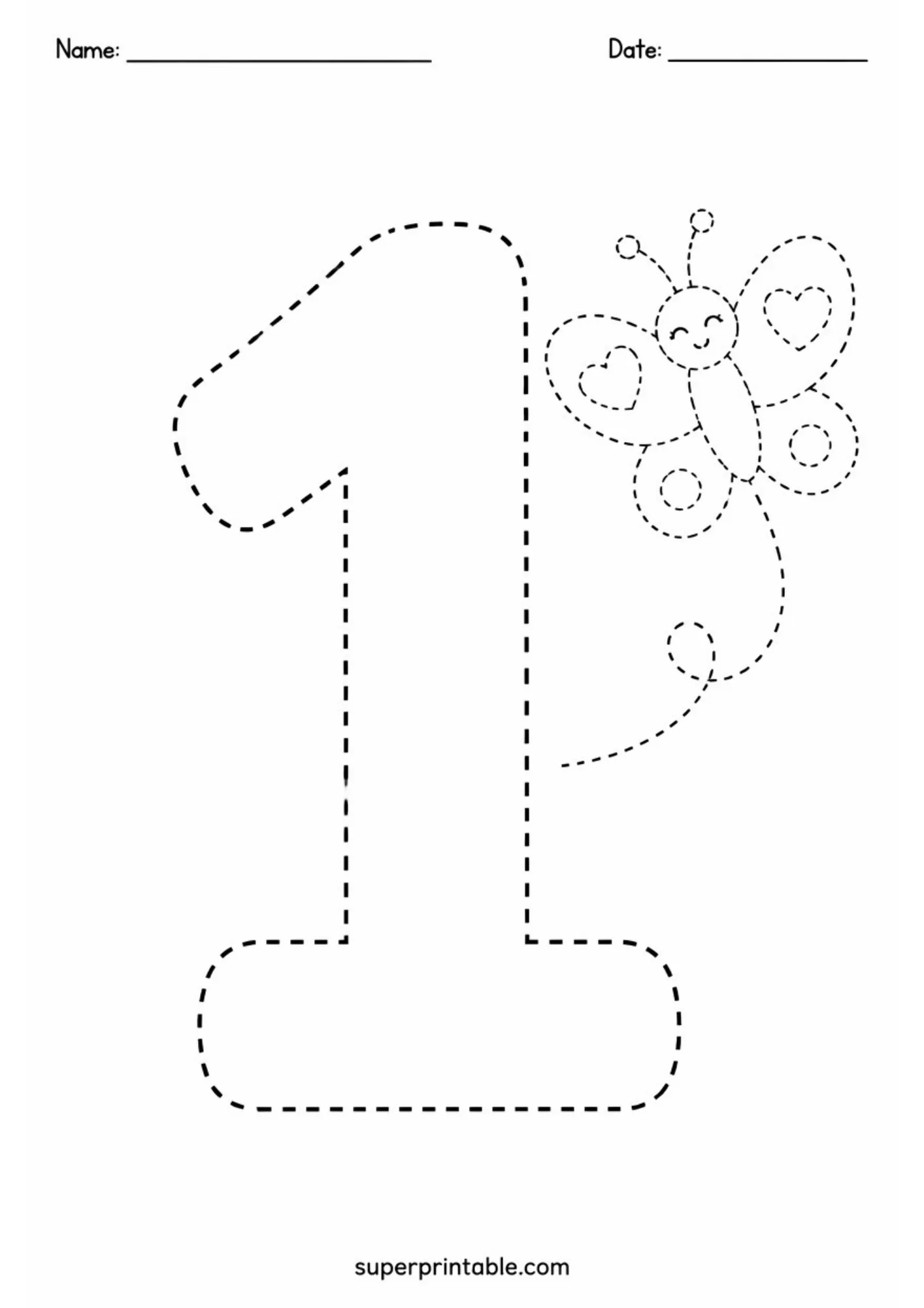 Dashed line number one with a butterfly for number tracing worksheets.