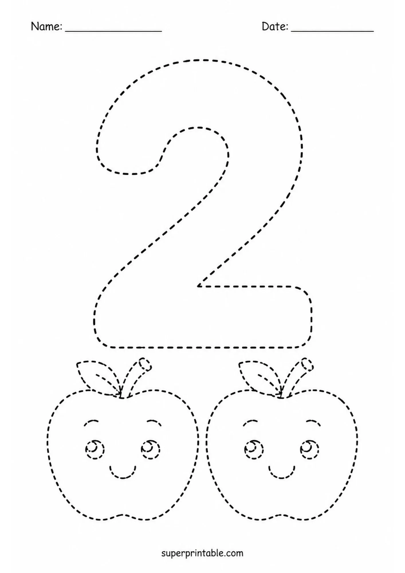 Printable number two tracing page with two smiling apples.