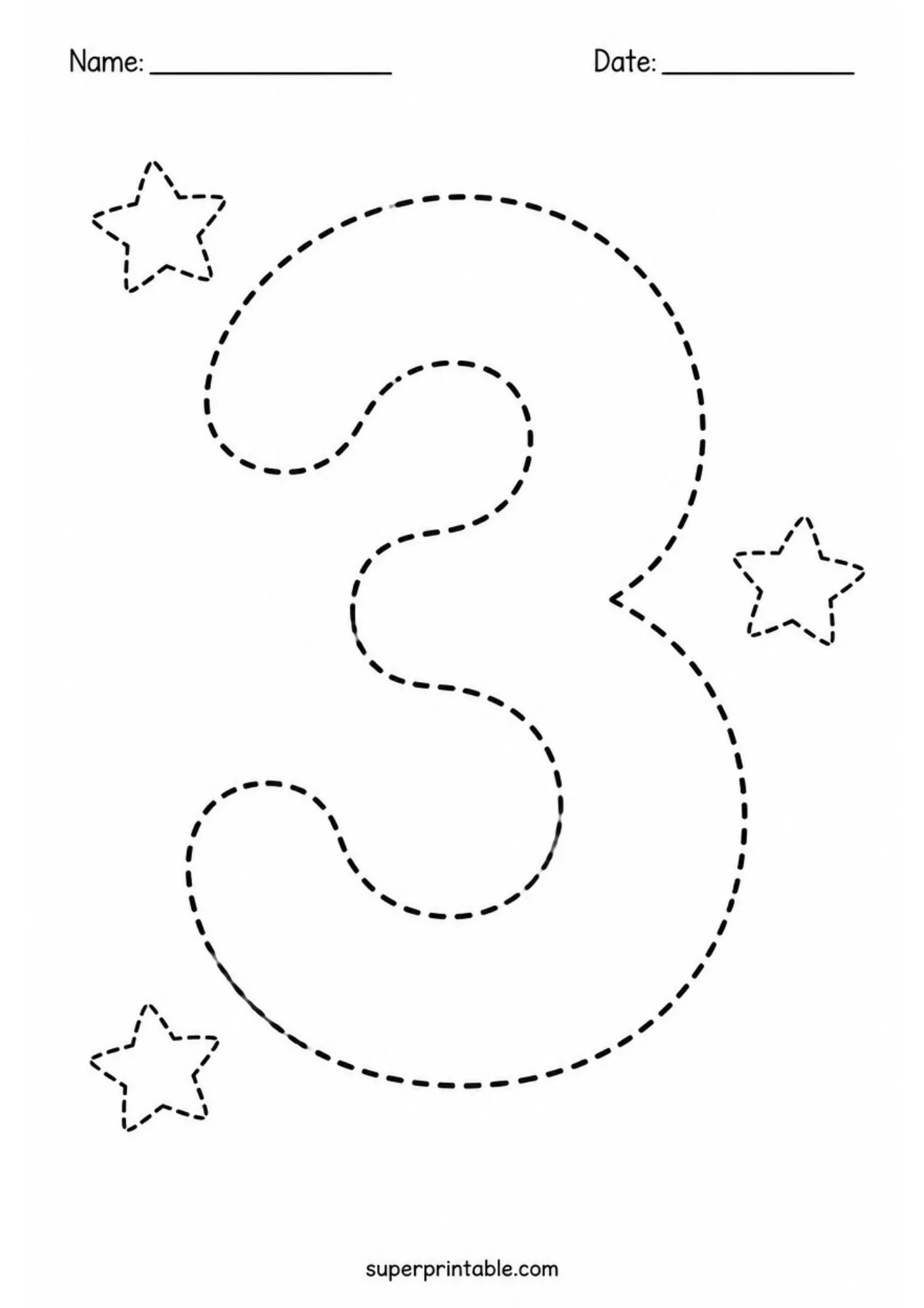 Dotted line number three with stars for kids tracing practice.