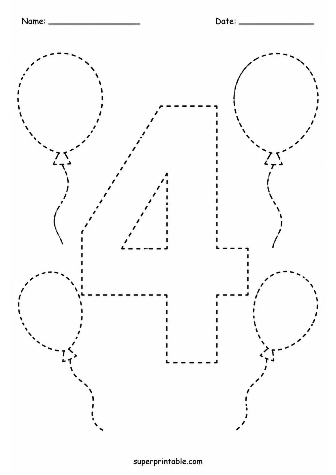 Free printable number four outline with four balloons to trace.