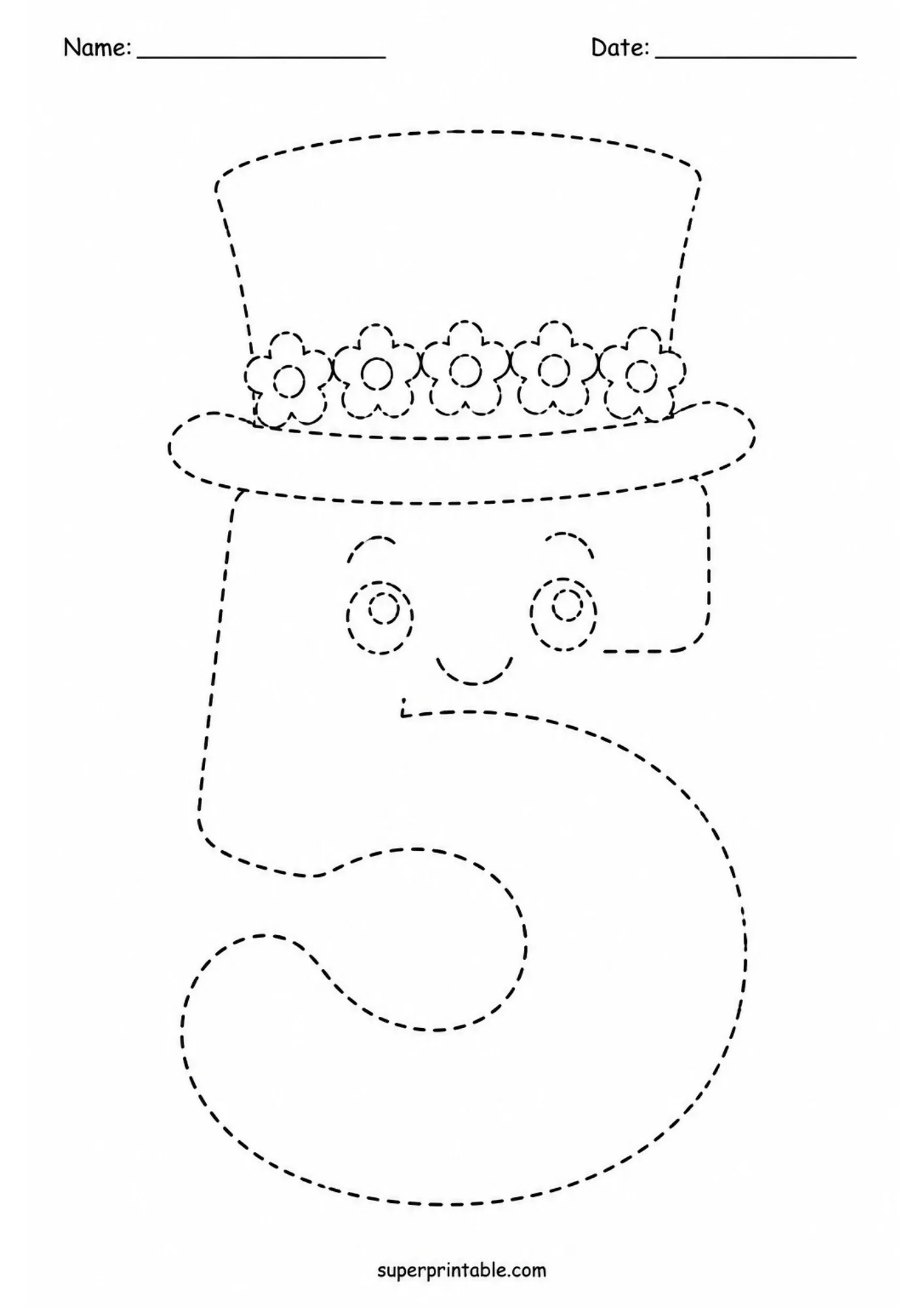 Cute number five character wearing a hat for fine motor skills.